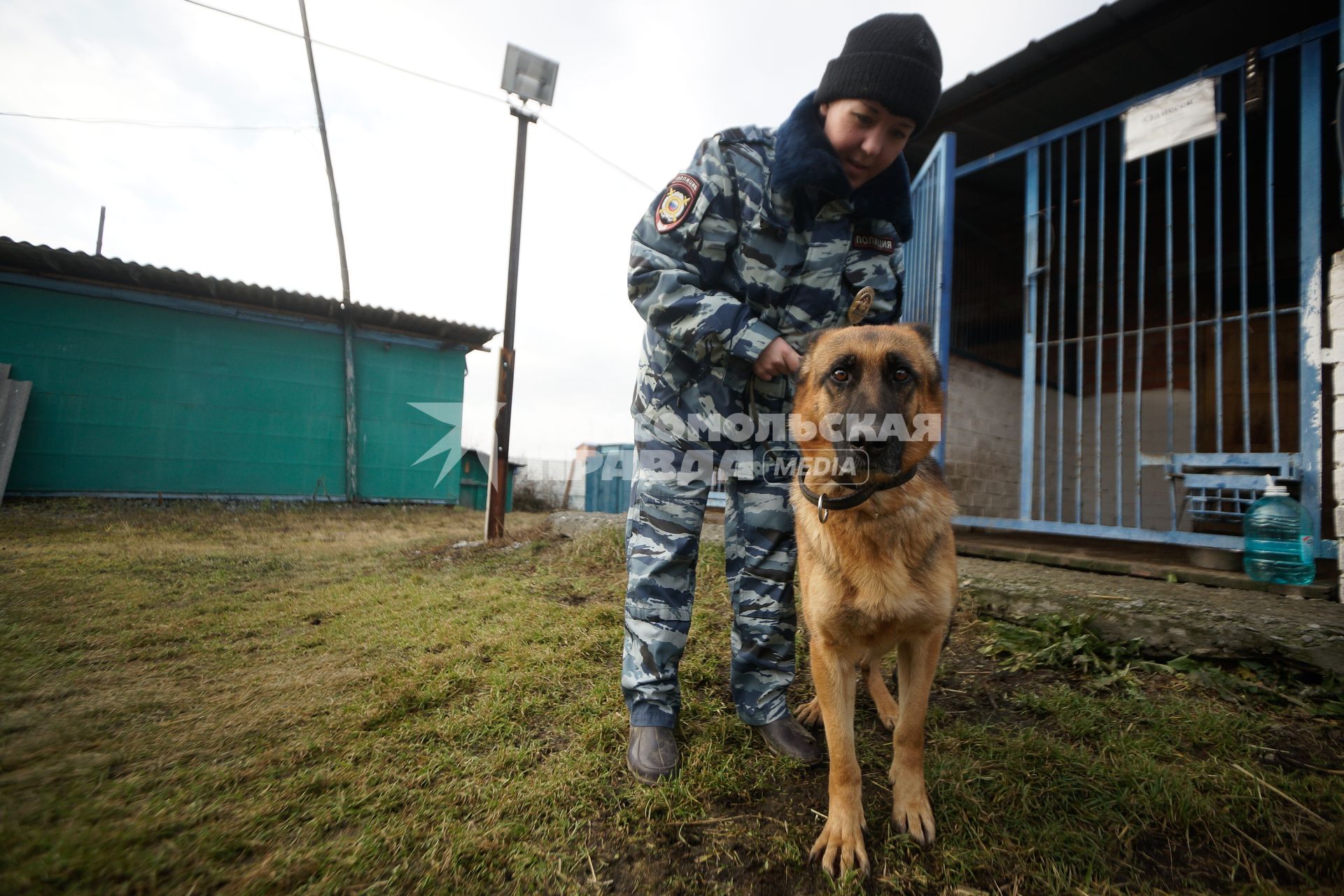 Девушка-полицейский кинолог с своей служебной собакой в Уральском кинологическом центре