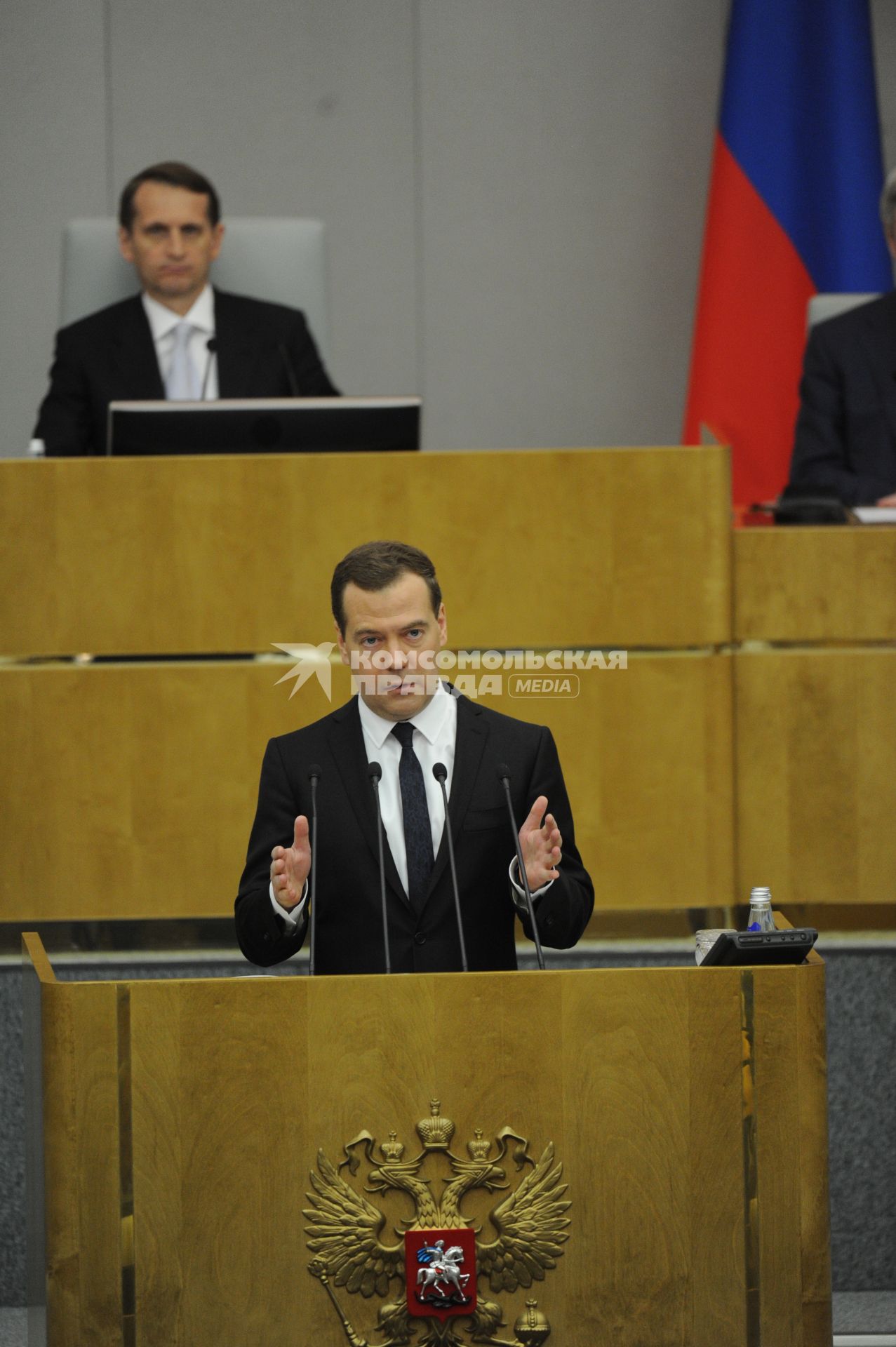 Москва. Председатель правительства РФ Дмитрий Медведев во время выступления с отчетом о результатах деятельности правительства РФ за 2014 год на пленарном заседании Госдумы РФ.