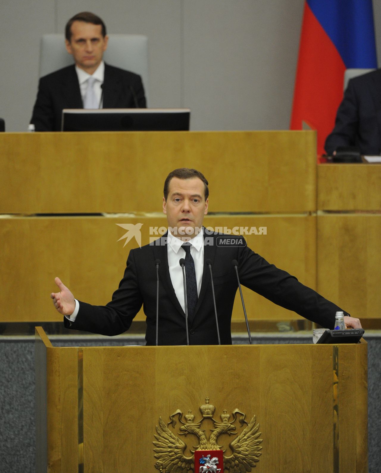 Москва. Председатель правительства РФ Дмитрий Медведев во время выступления с отчетом о результатах деятельности правительства РФ за 2014 год на пленарном заседании Госдумы РФ.