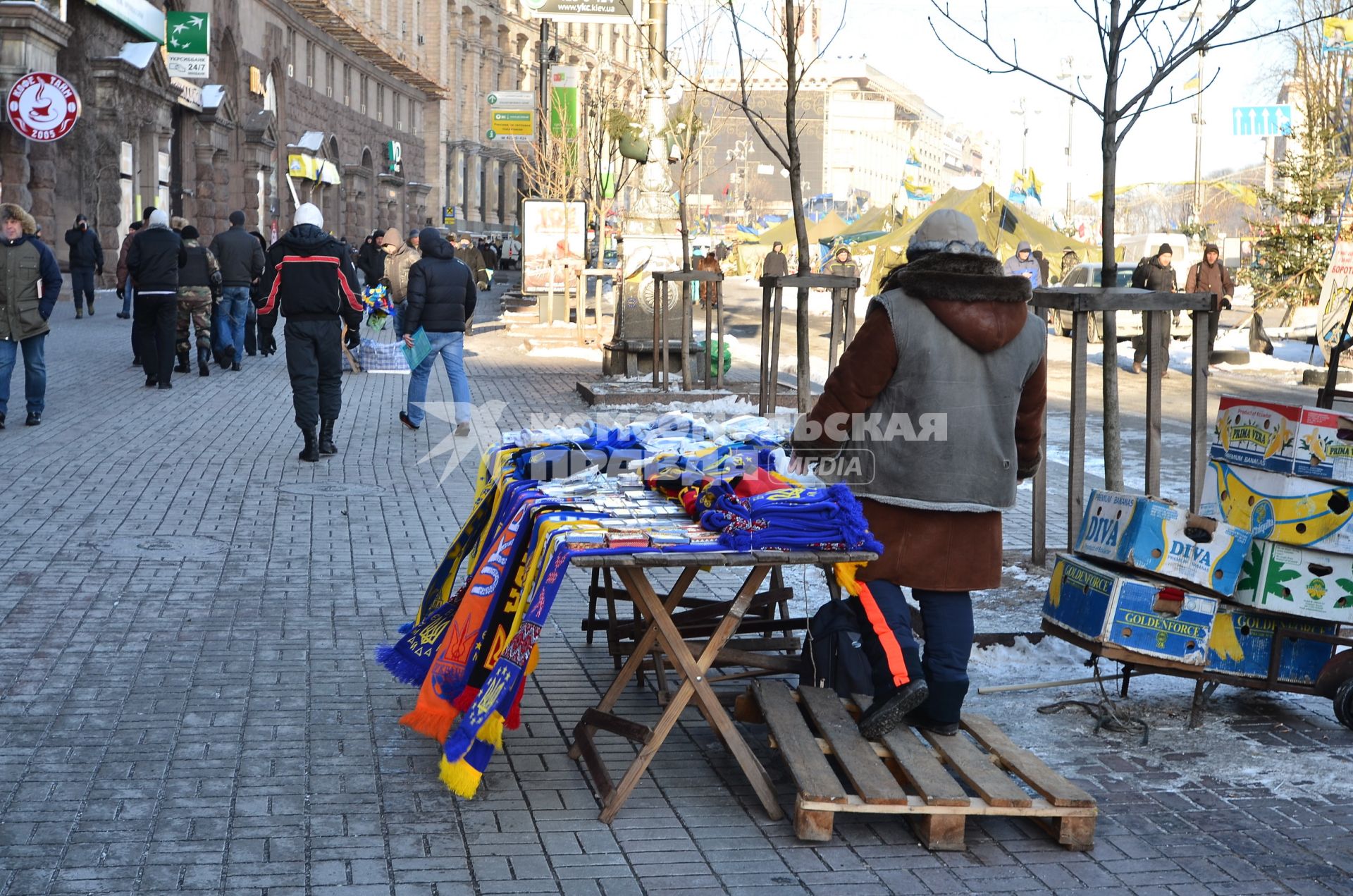 Киев. Евромайдан. Женщина продает сувенирную продукцию.