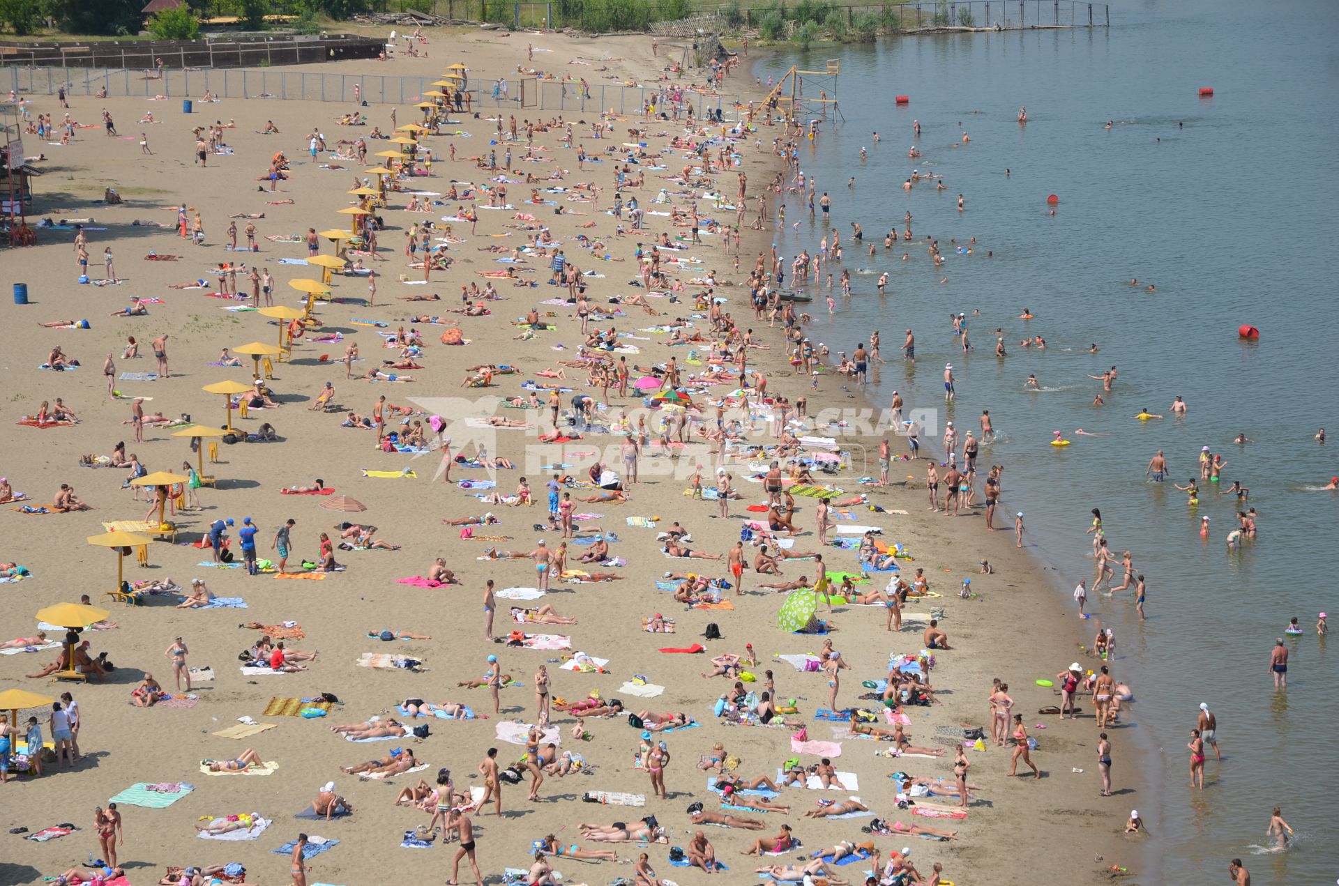 Новосибирск. Люди загорают на городском пляже.