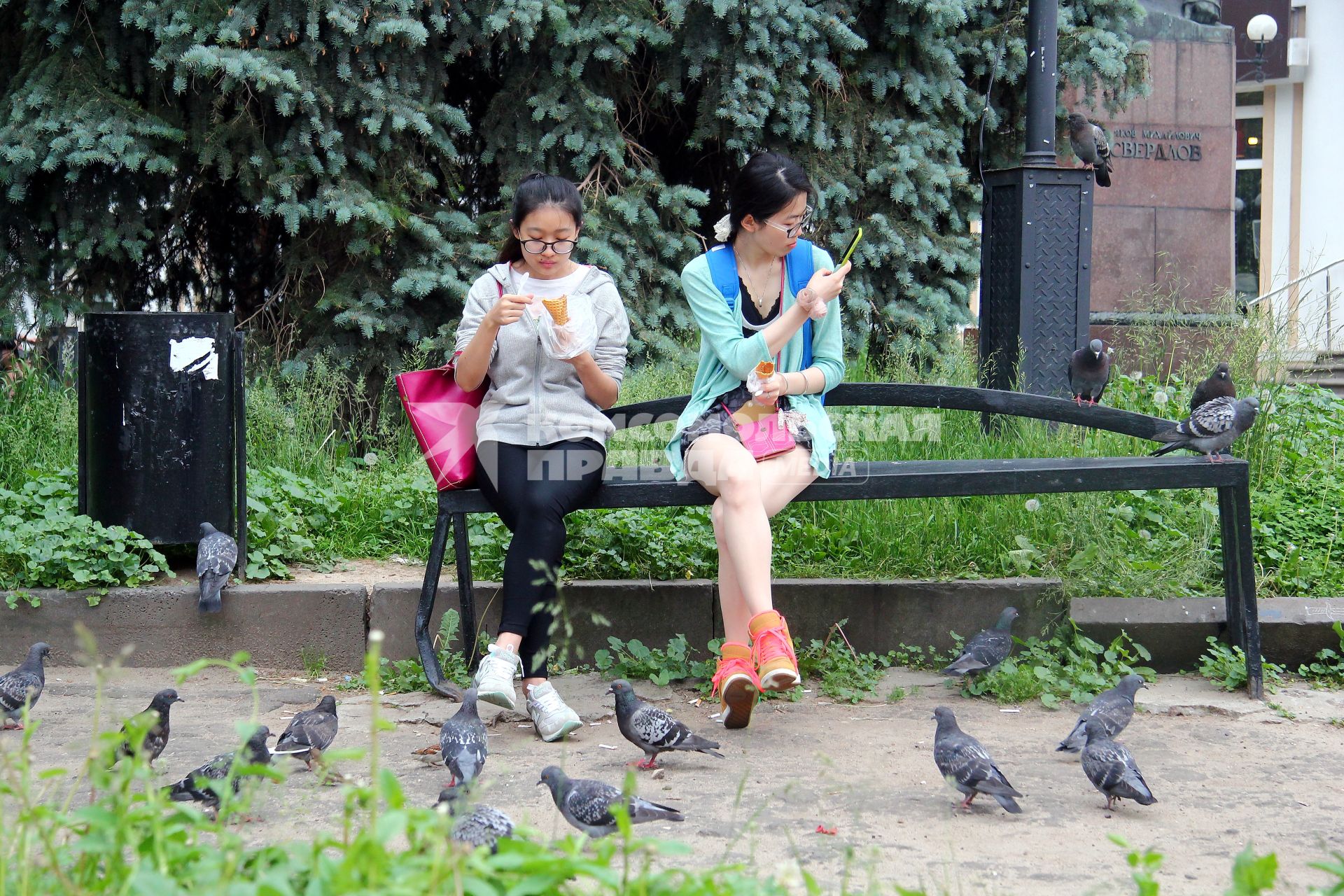 Нижний Новгород. Девушки едят мороженое и фотографируют голубей.