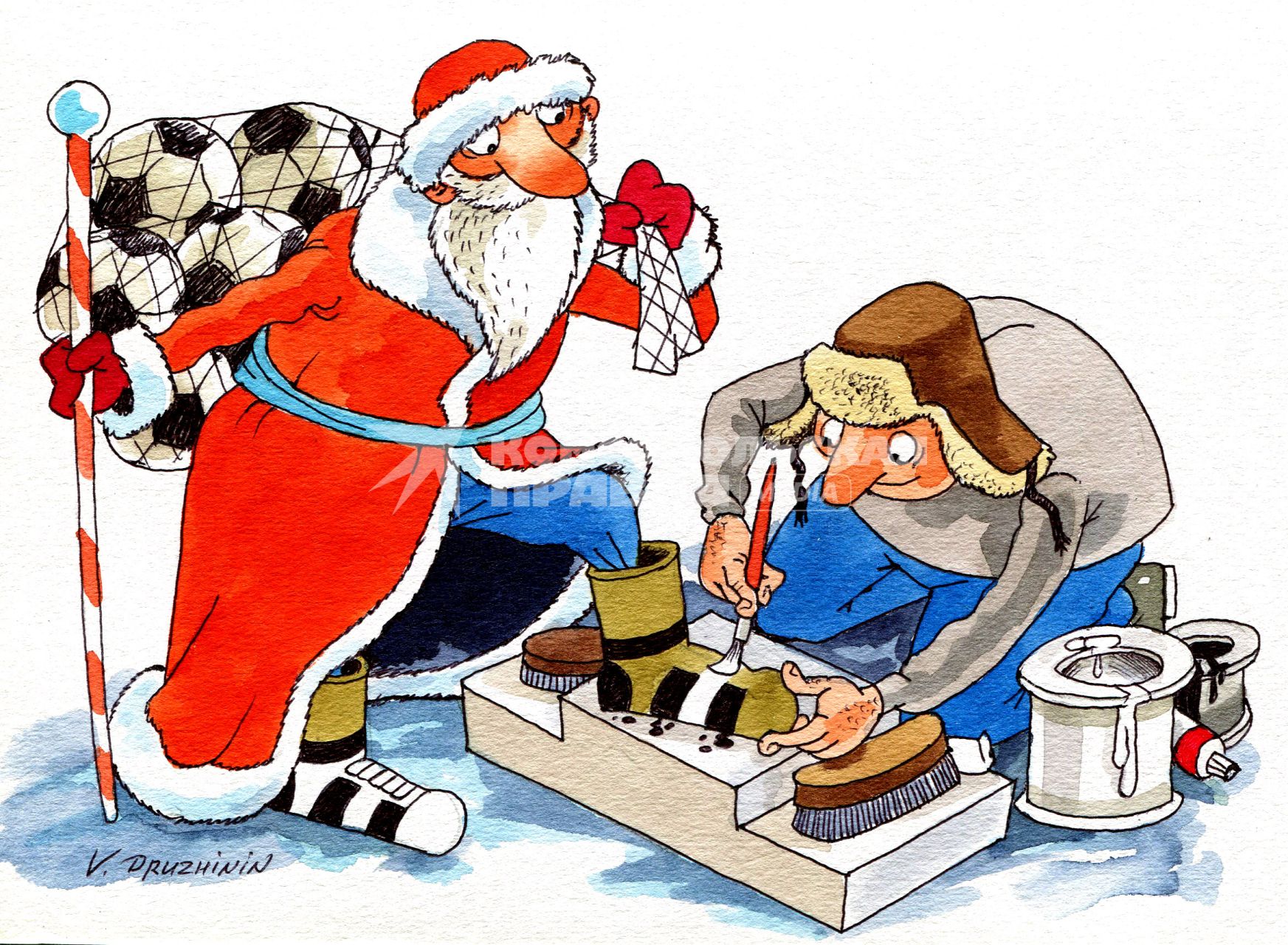 Карикатура. Обувщик красит Деду Морозу валенки под цвет футбольного мяча.