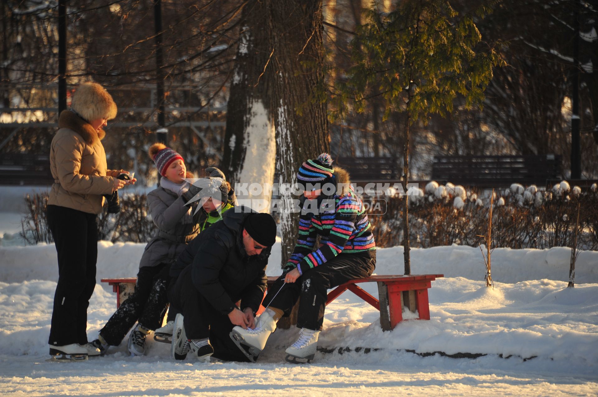 Москва.  Люди катаются на коньках в парке Сокольники.