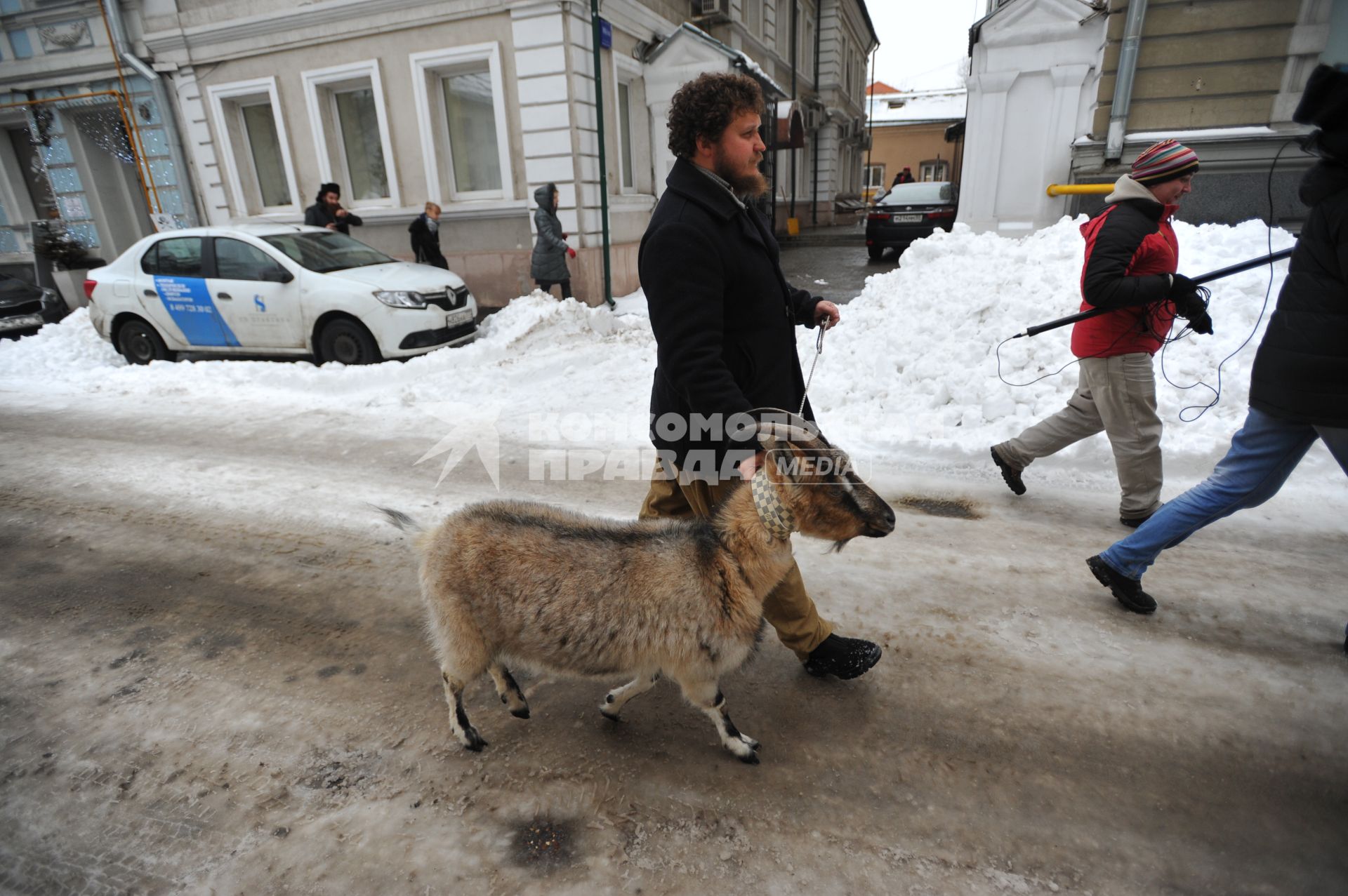 Москва. Фермер-сыровар Олег Сирота привез козу по кличке Меркель в Министерство сельского хозяйства Подмосковья.