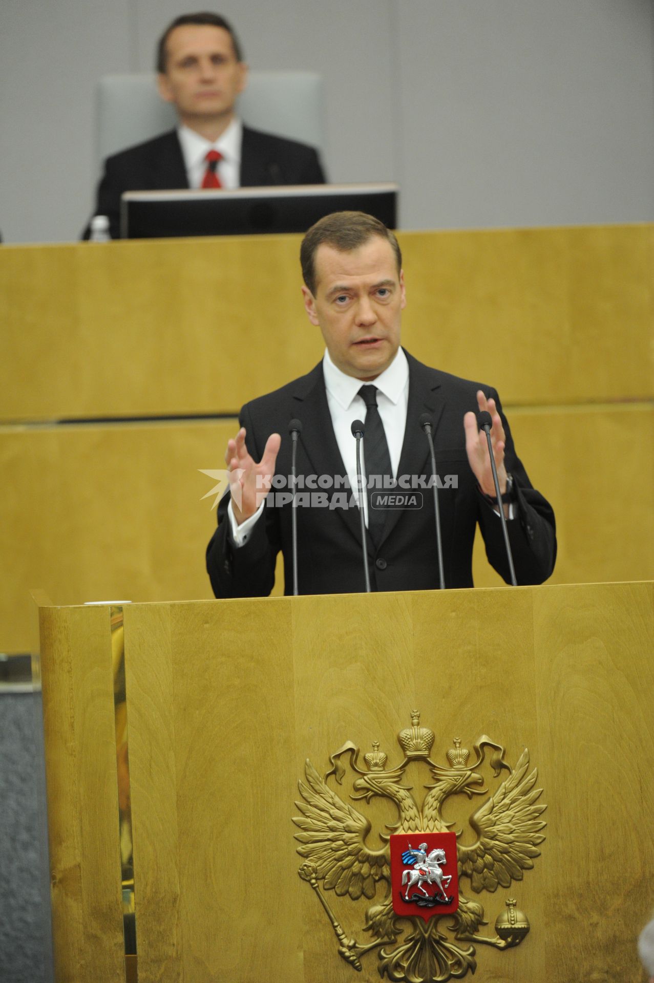 Москва.  Председатель правительства РФ Дмитрий Медведев  во время выступления на пленарном заседании Государственной думы РФ.