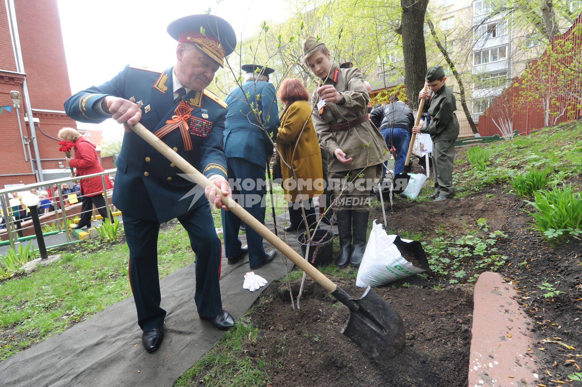 Москва.  В рамках акции `Сирень Победы` ветераны и молодые патриоты посадили кусты сирени на Аллее Славы.