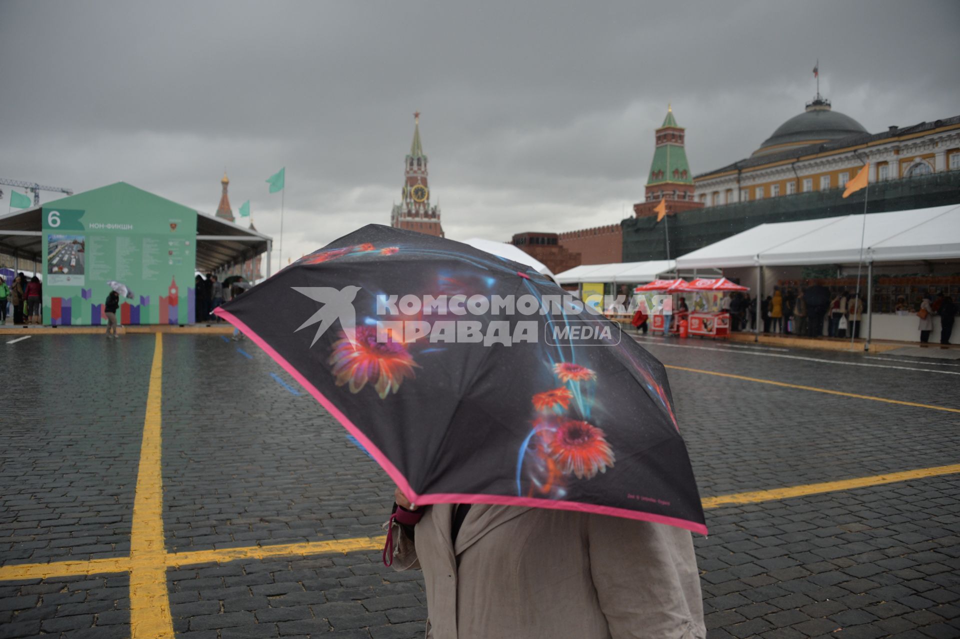 Москва. Женщина под зонтом на книжном фестивале `Красная площадь`.