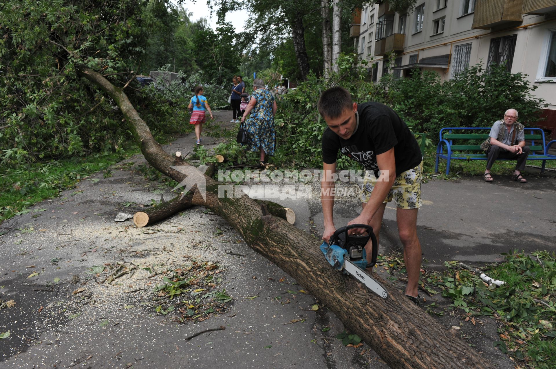 Москва. Работники коммунальных служб убирают  сломанное ураганом дерево.