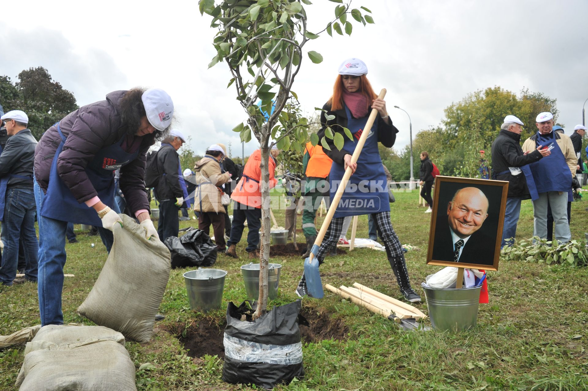 Москва.  Во время посадки фруктового дерева на субботнике в честь   80-летия  бывшего мэра Москвы Юрия Лужкова  в музее-заповеднике `Коломенское`.