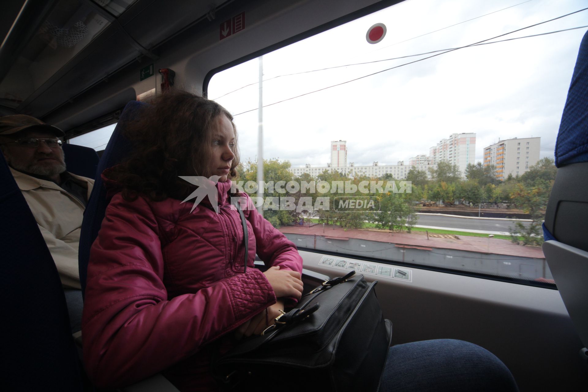 Москва. Пассажиры в вагоне поезда на Московском центральном кольце (МЦК).