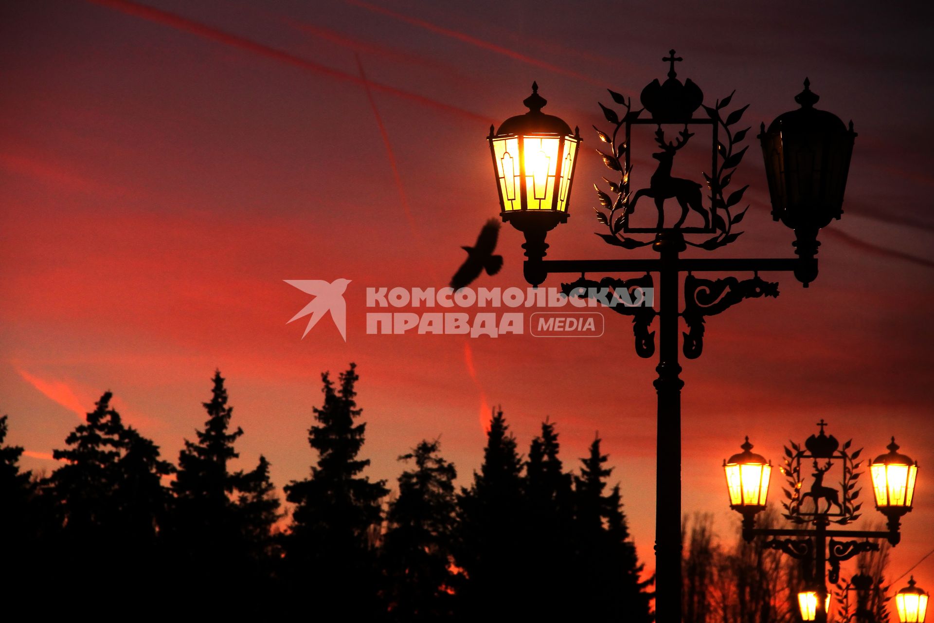 Нижний Новгород. Вид на закат.  Уличные фонари с гербом города.