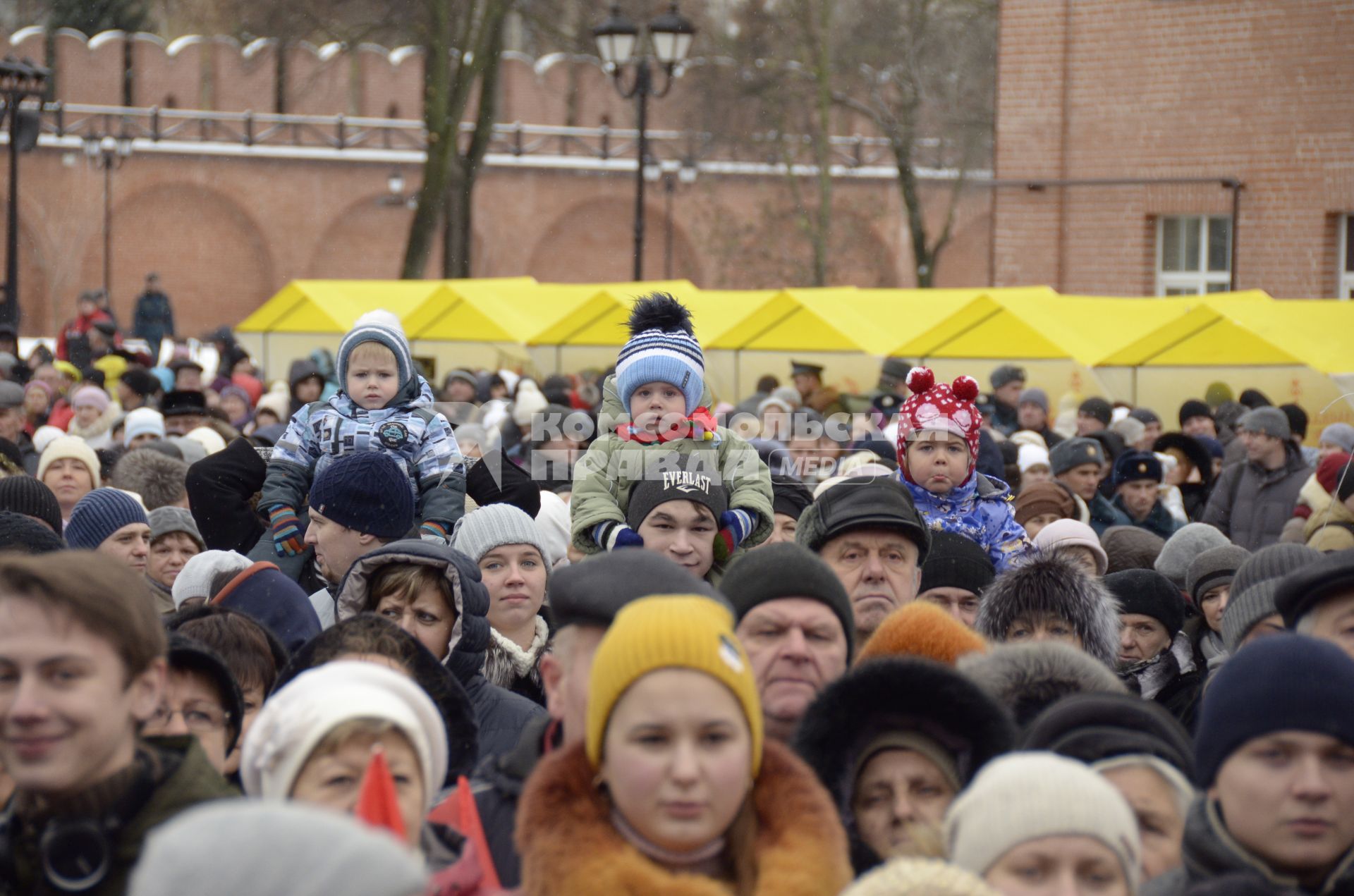 Тула. Три ребенка сидят на плечах у взрослых среди толпы во время митинга в День Народного Единства.