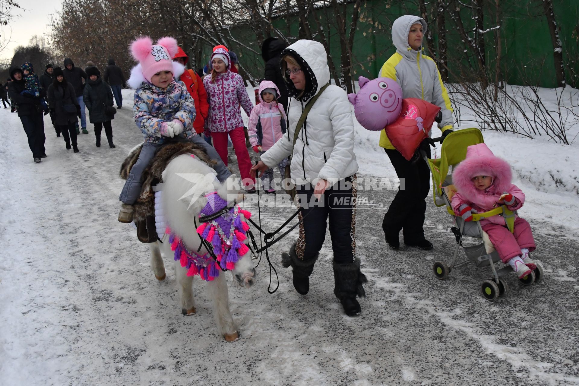 Москва.   Девочка катается на ослике.