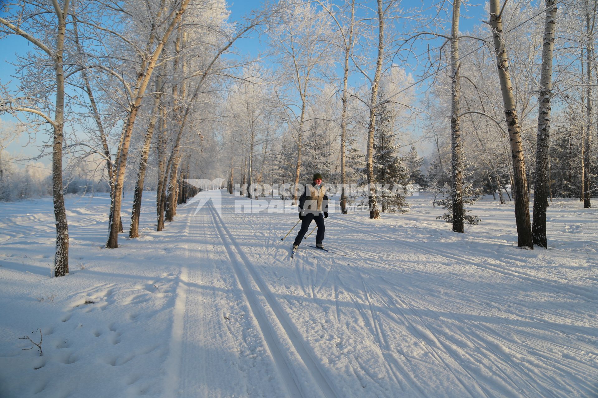Красноярск.  Мужчина катается на лыжах в парке.
