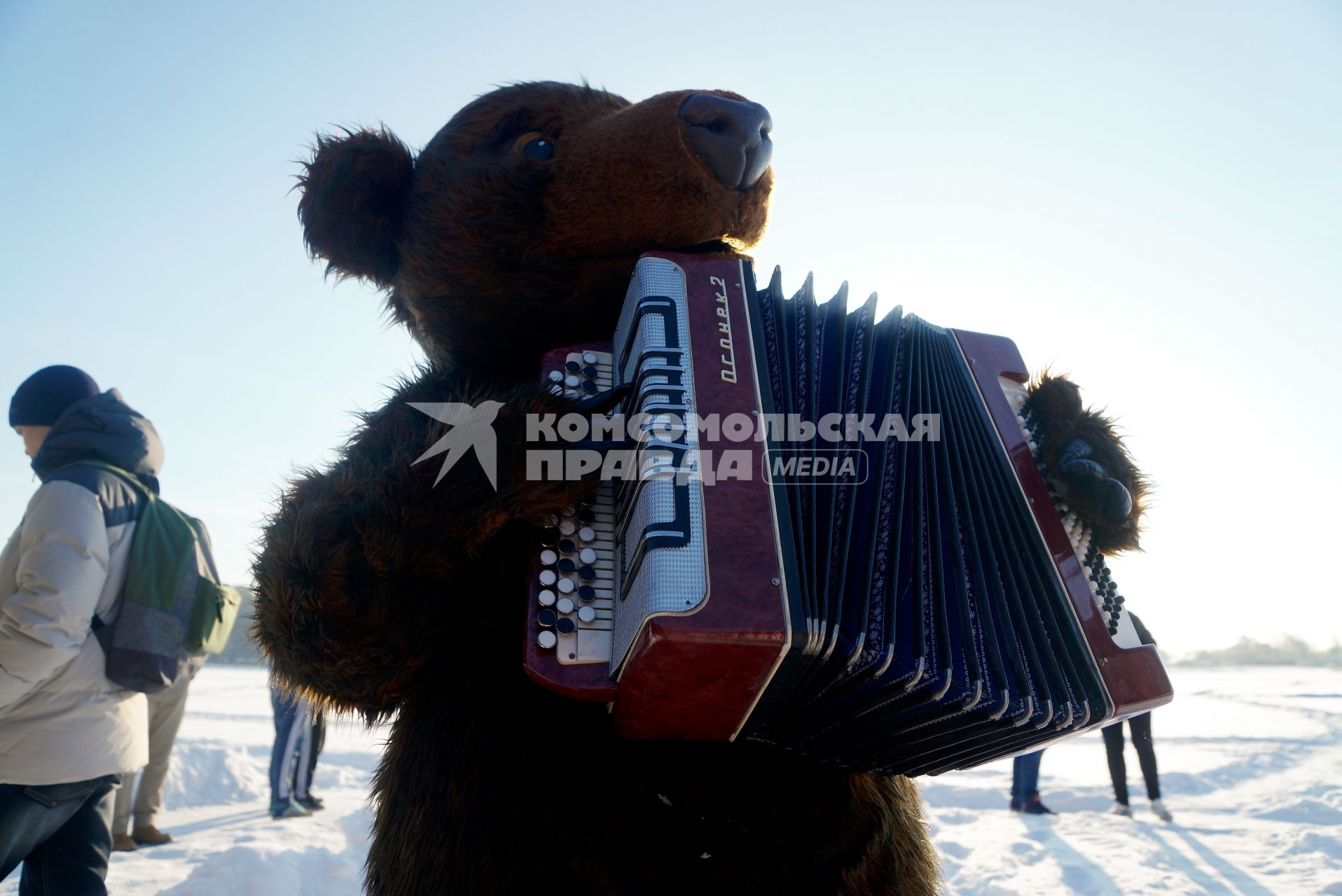 Екатеринбург. Медведь играет на баяне во время крещенских купаний