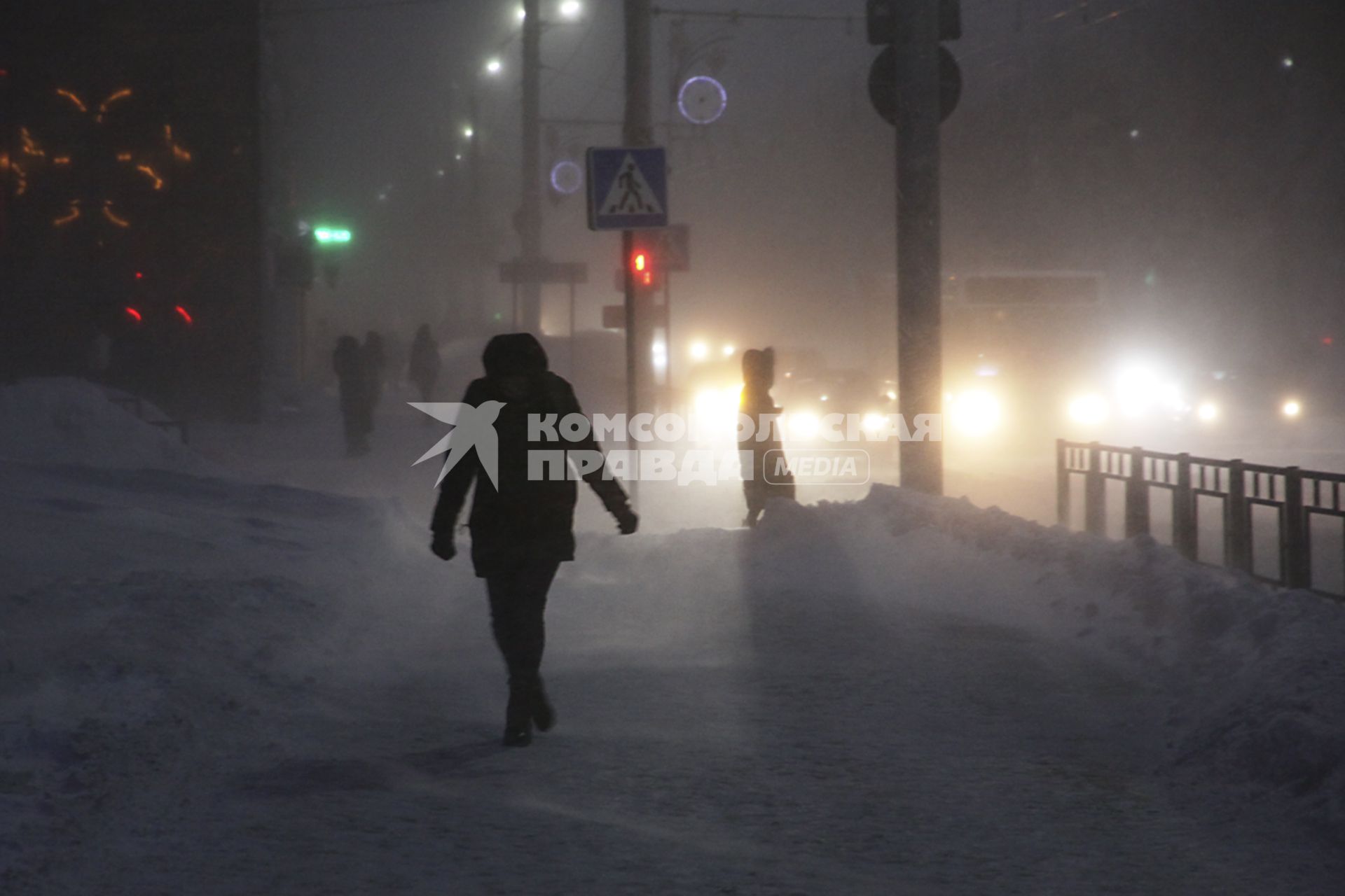 Барнаул. Прохожие на улице во время метели.