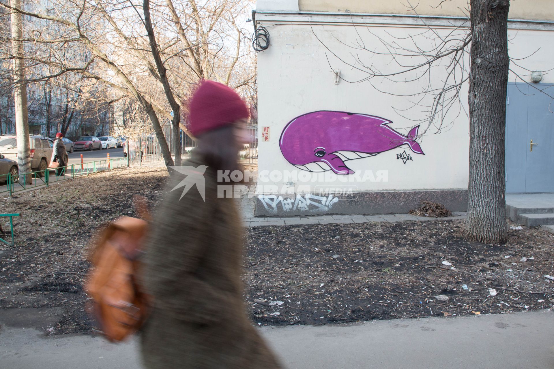 Москва.  Граффити  фиолетового кита  на стене дома по Октябрьской улице.