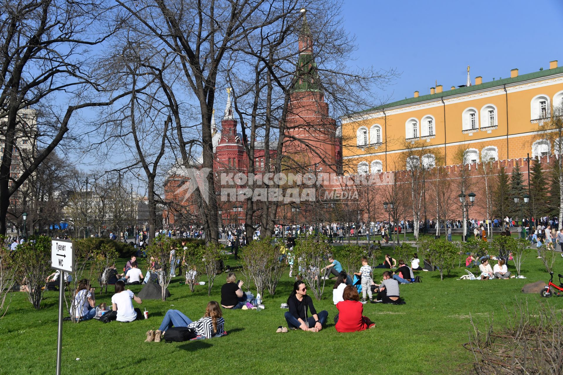 Москва. Молодые люди сидят на газоне  в Александровском саду.