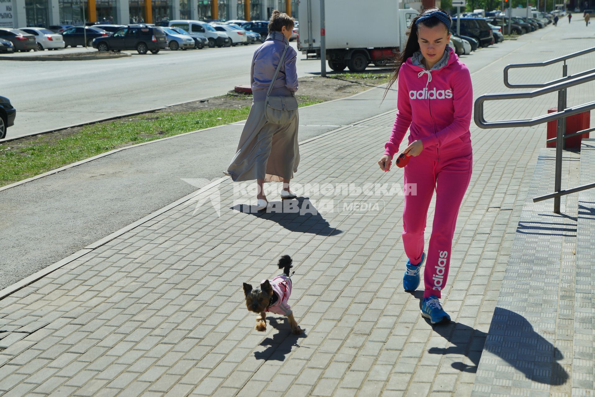 Екатеринбург. Девушка гуляет с маленькой собачкой