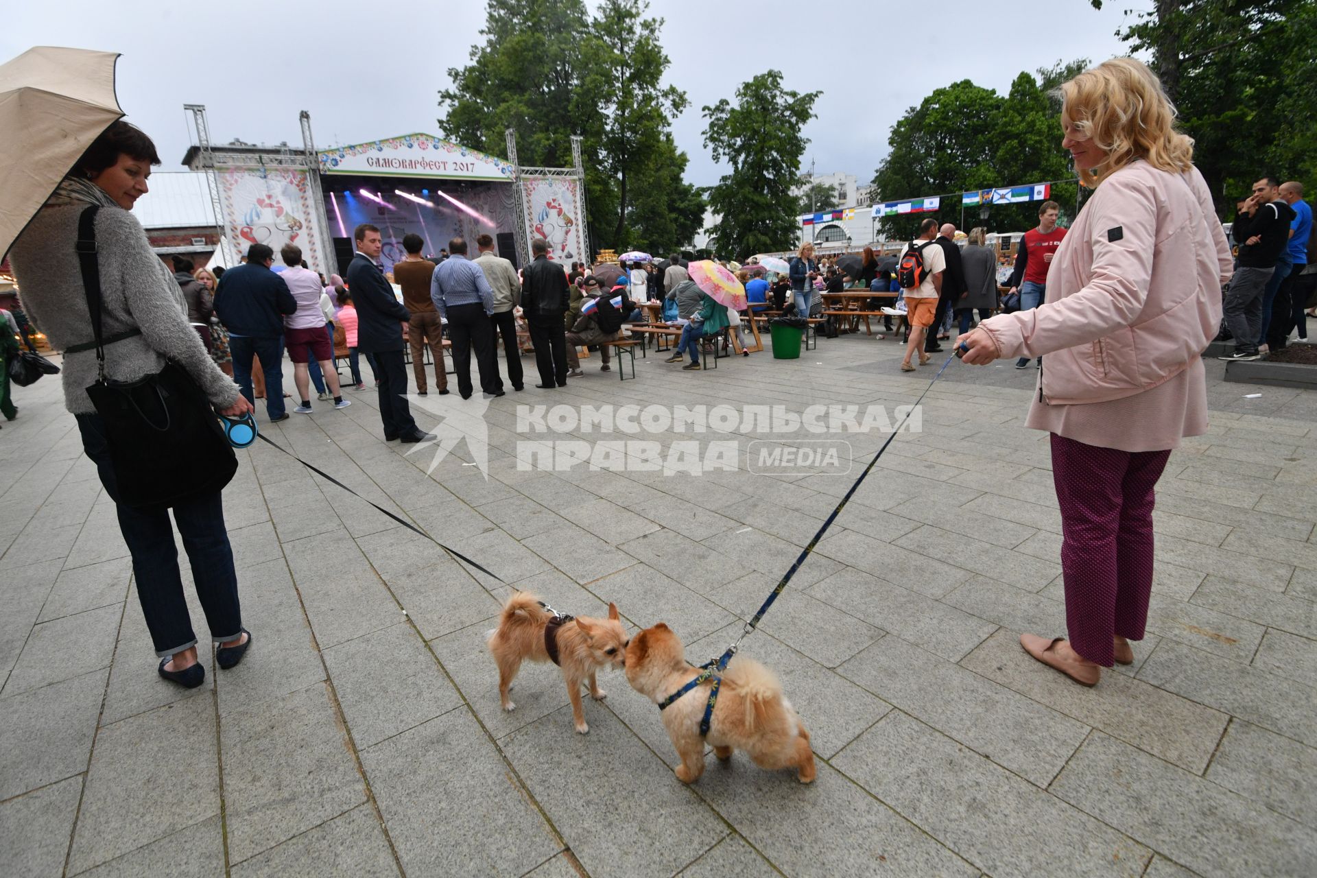 Москва.   Женщины с собачками во время семейного фестиваля `Самоварфест` в саду `Эрмитаж` в рамках празднования Дня России.