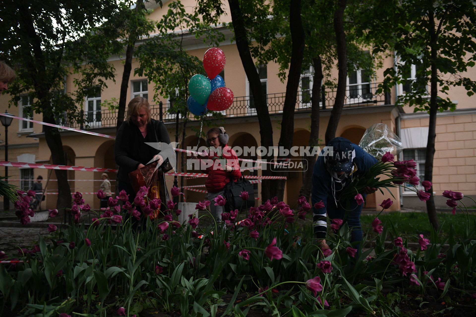 Москва. Горожане собирают тюльпаны, сломанные после урагана в сквере у дома Н.В. Гоголя на Никитском бульваре.