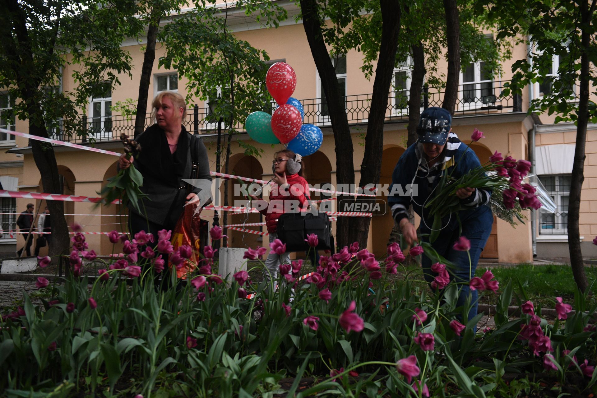 Москва. Горожане собирают тюльпаны, сломанные после урагана в сквере у дома Н.В. Гоголя на Никитском бульваре.