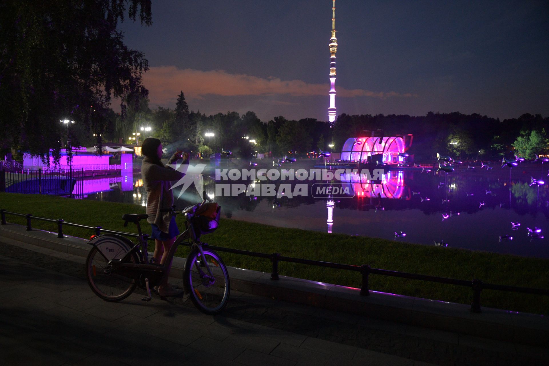 Москва. Девушка  фотографирует инсталяцию на III ежегодном фестивале искусств `Вдохновение` в парке `Останкино`.