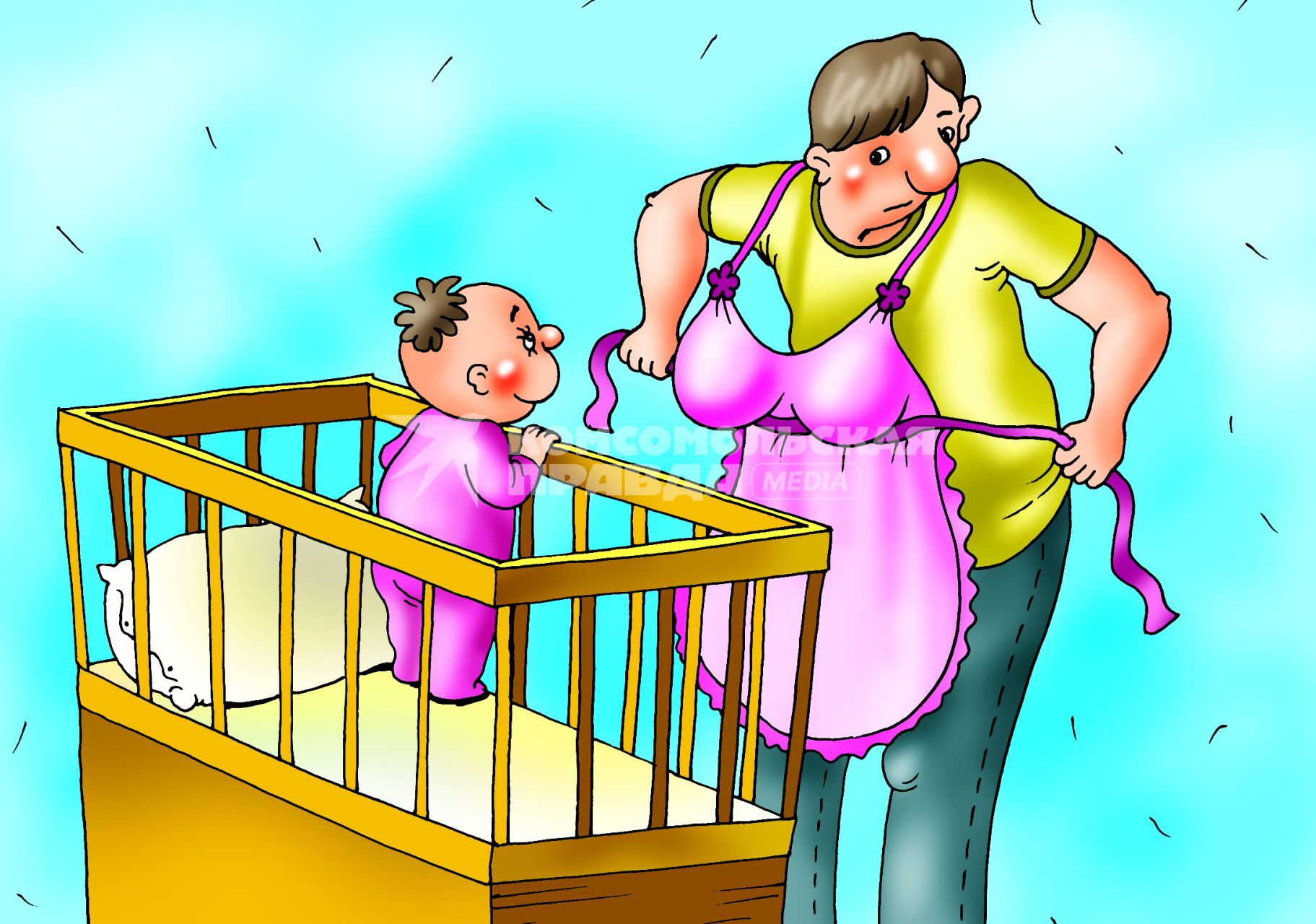 Карикатура на тему мужского отпуска по уходу за ребенком.