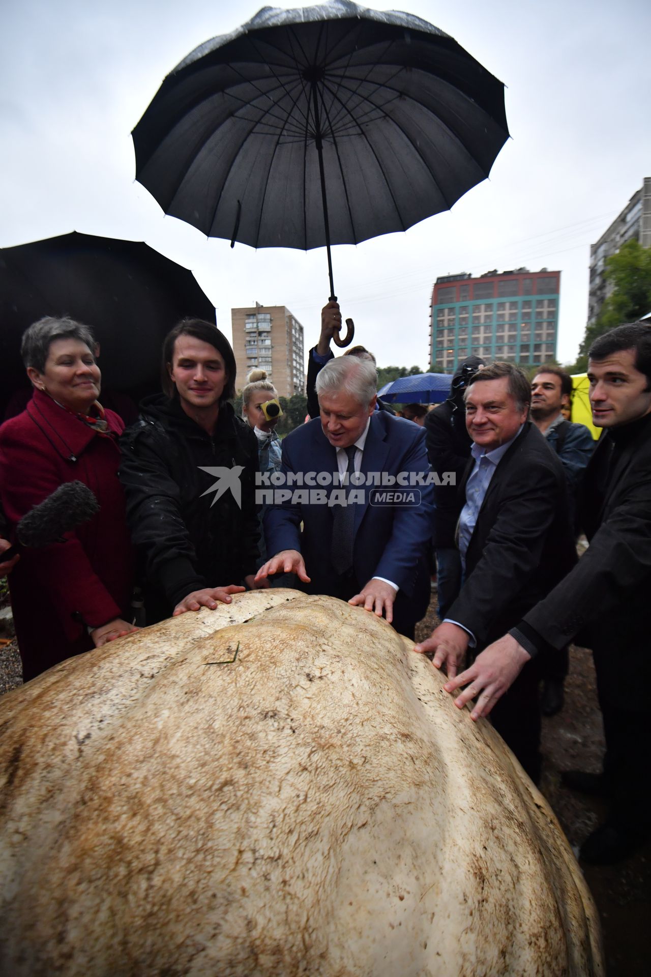 Москва. Житель подмосковного Электрогорска Александр Чусов (второй слева), вырастивший тыкву, лидер партии `Справедливая Россия` Сергей Миронов (в центре) и руководитель Московского регионального отделения партии Андрей Туманов (второй справа) на презентации самой большой тыквы (472 кг), выращенной в России в преддверии открытия ежегодного фестиваля цветов, урожая, искусства `Краски осени`.