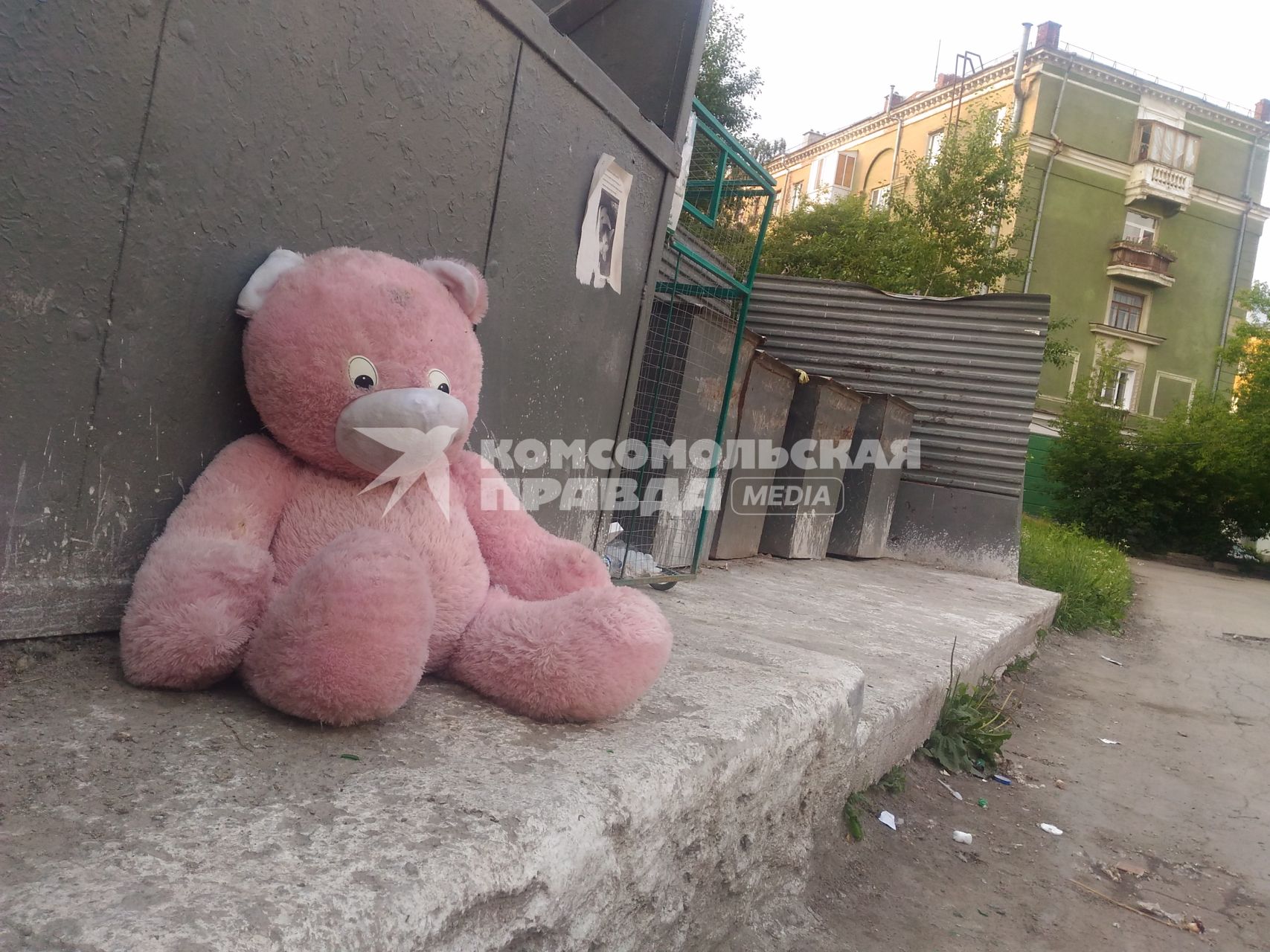 Екатеринбург. Большой розовый плюшевый медведь на помойке