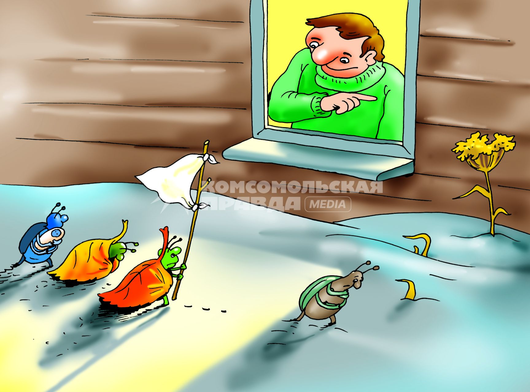 Карикатура на тему избавления от насекомых на дачном участке.