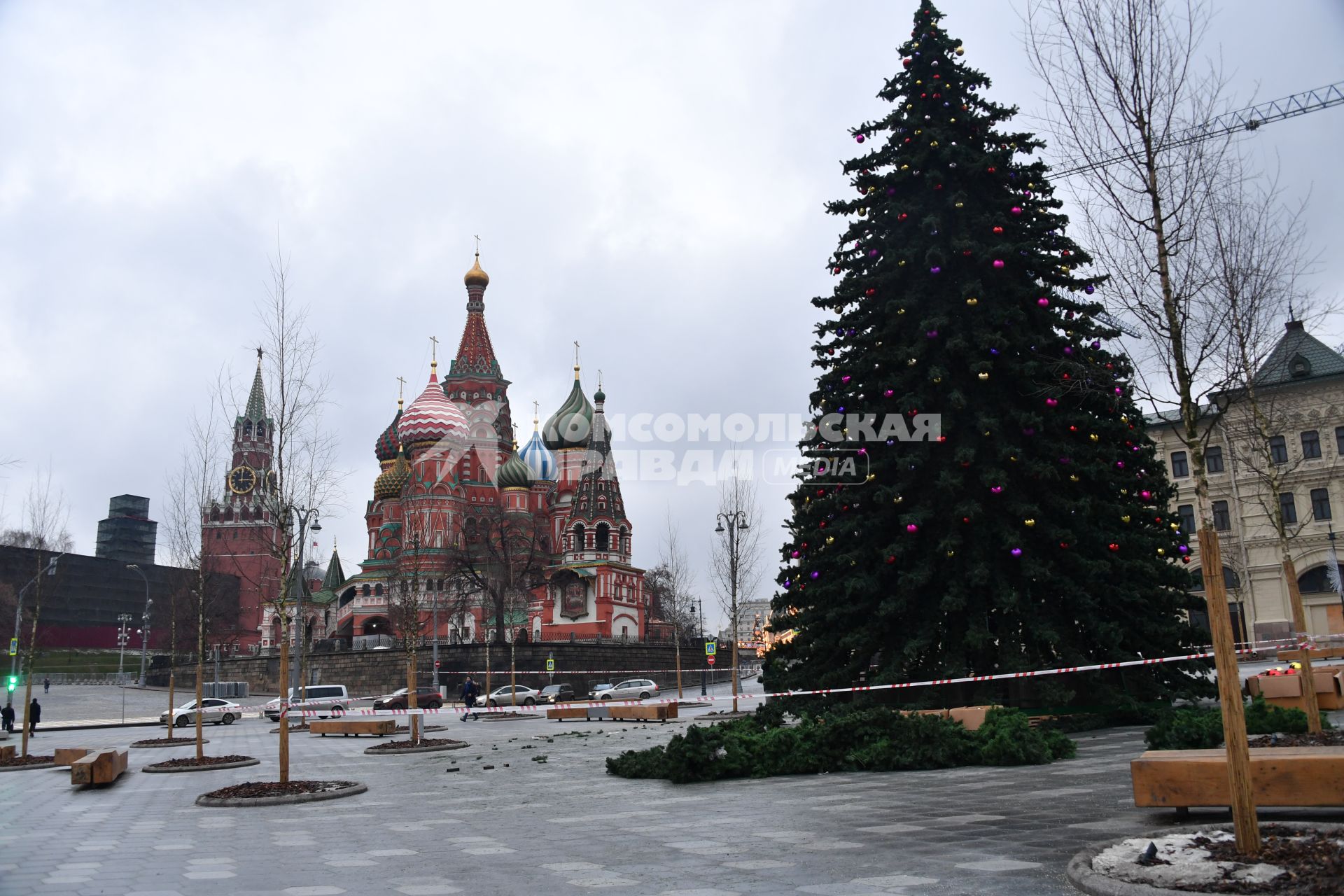 Москва. Установка новогодней ели в парке `Зарядье`.