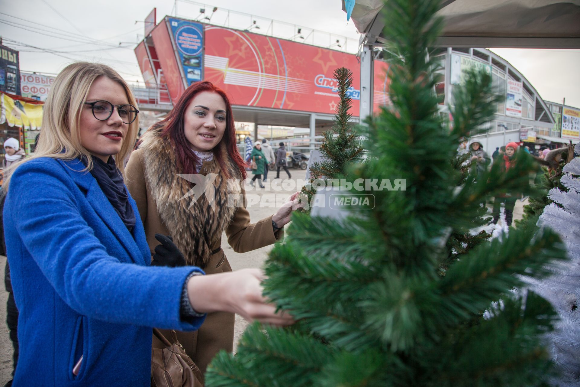 Пермь. Девушки выбирают искусственную елку на рынке.