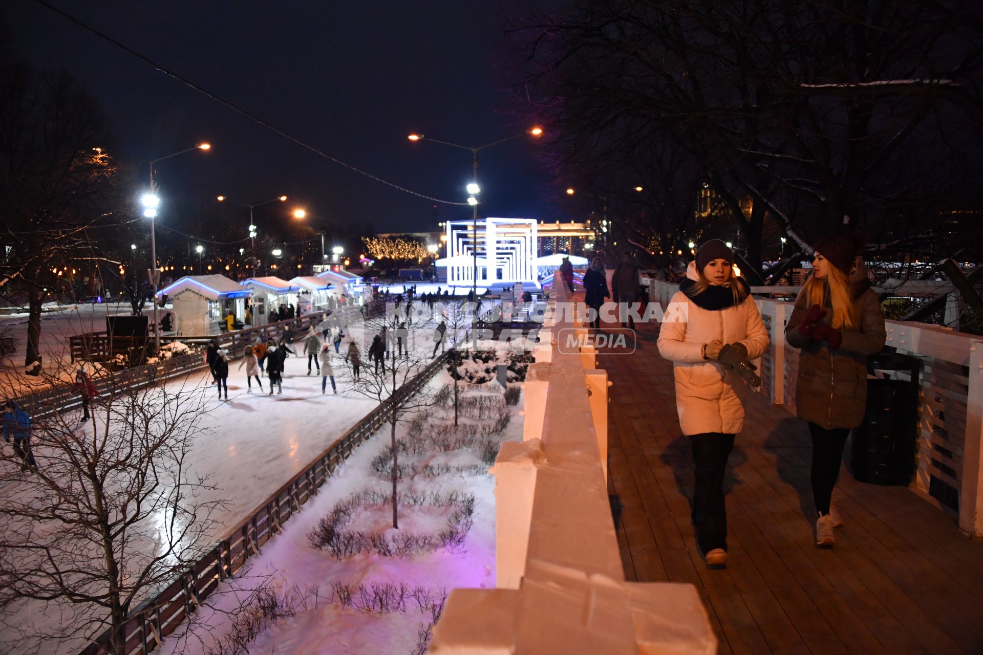 Москва.  Посетители катаются на катке в Парке Горького.