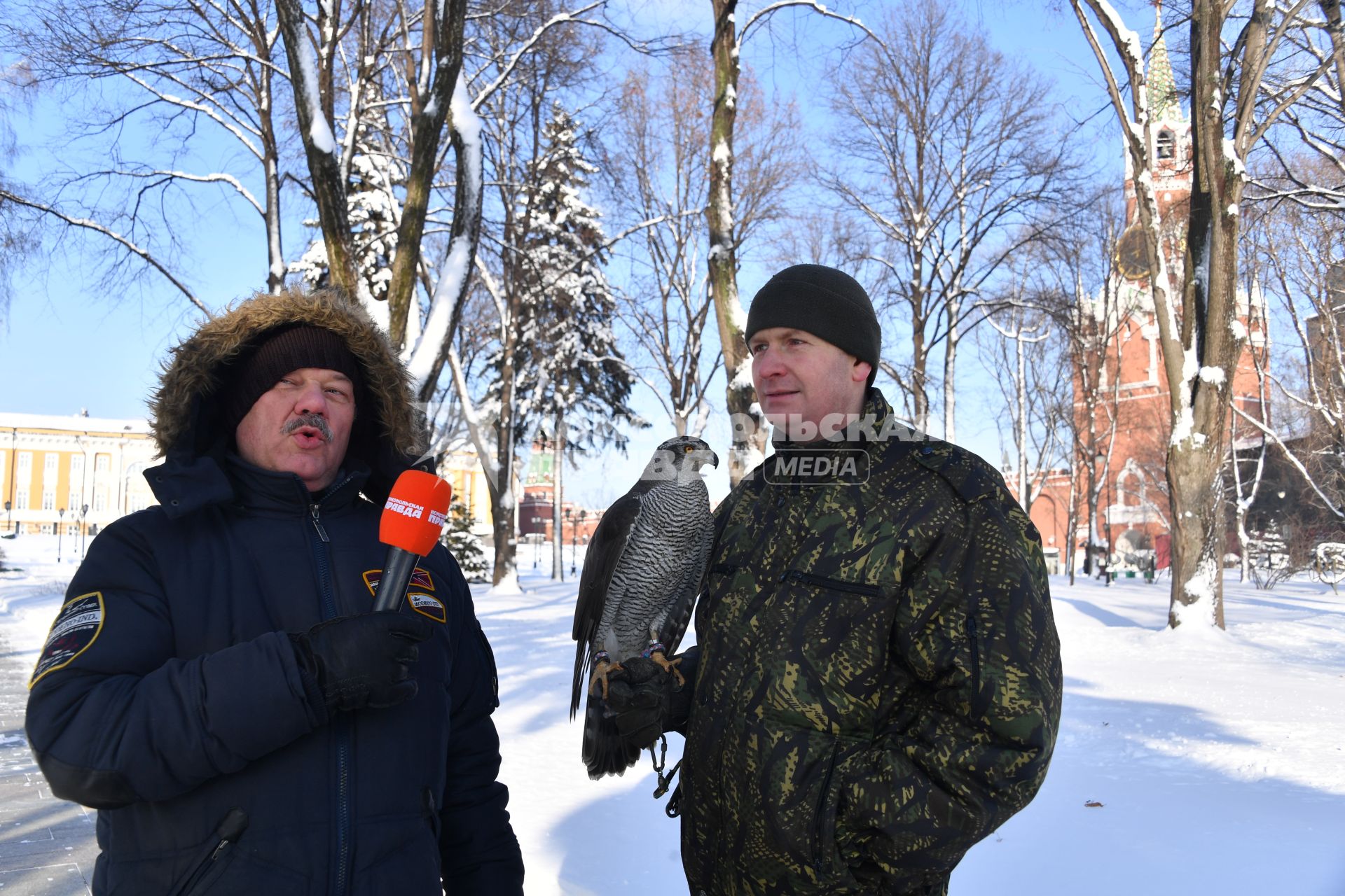 Москва. Корреспондент `Комсомольской правды` Александр Гамов (слева)  и в оеннослужащий   Соколиной службы комендатуры Московского Кремля  с соколом Альфой.