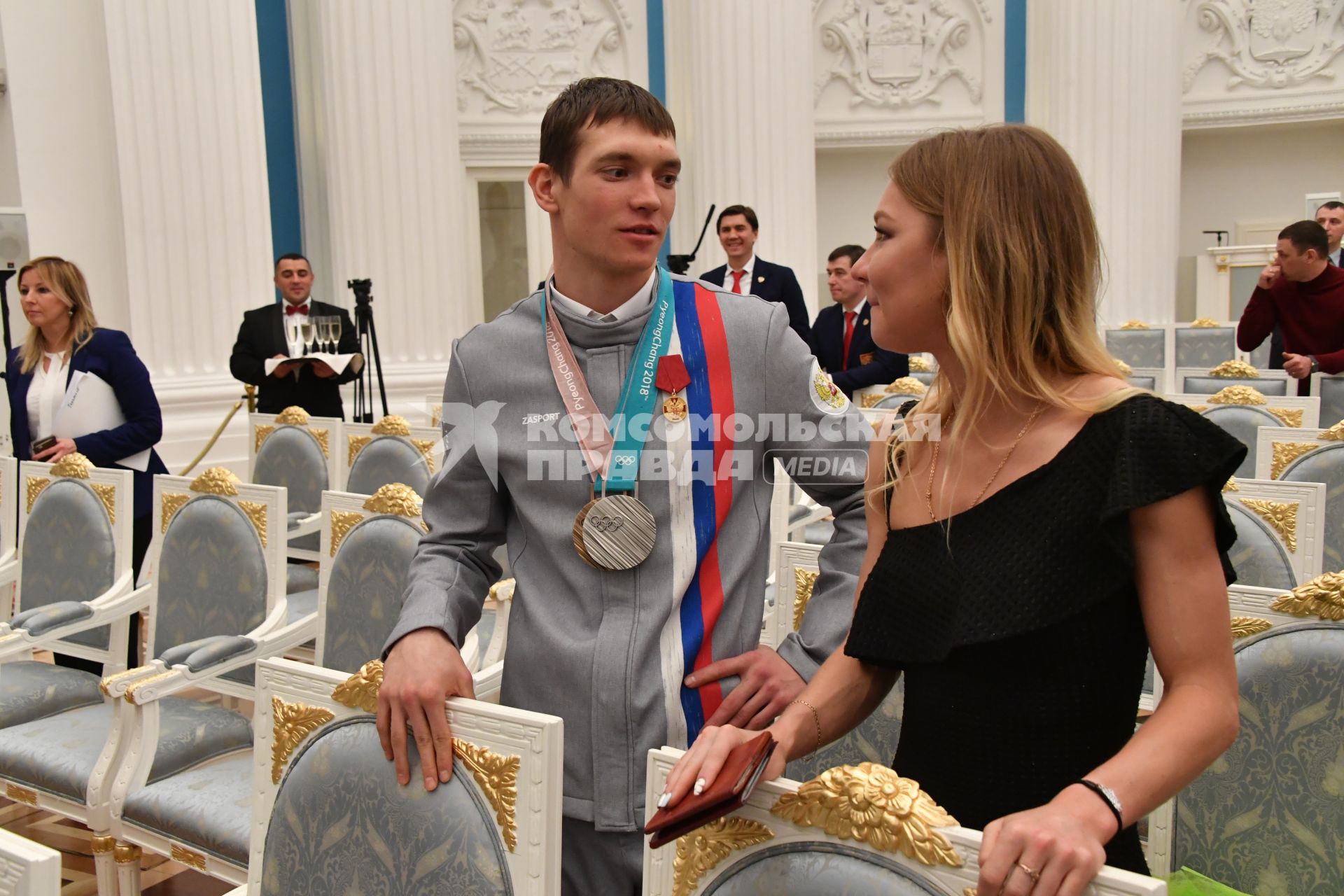 Москва.  Серебряный призер по лыжным гонкам Андрей Ларьков  на приеме в Кремле после церемонии вручения государственных наград победителям и призерам XXIII зимних Олимпийских игр в Пхенчхане.