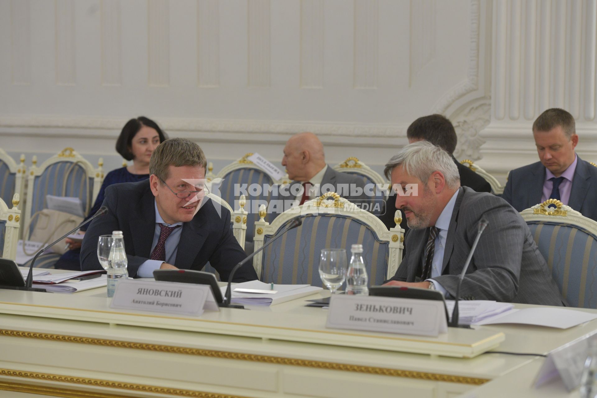 Москва. Заместитель министра сельского хозяйства РФ Сергей Левин и статс-секретарь - заместитель министра образования и науки РФ Павел Зенькович на заседании Группы высокого уровня Совета Министров Союзного государства в Доме приемов Правительства РФ.