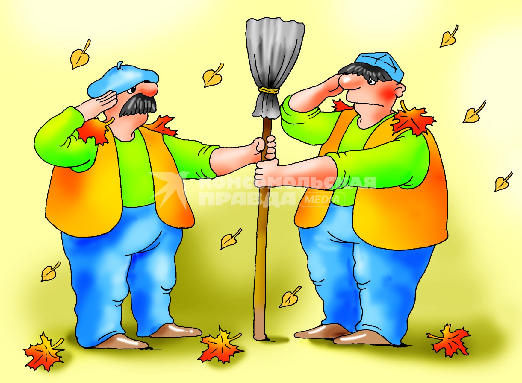 Карикатура на тему гастарбайтеров, отнимающих рабочие места у российских пенсионеров.