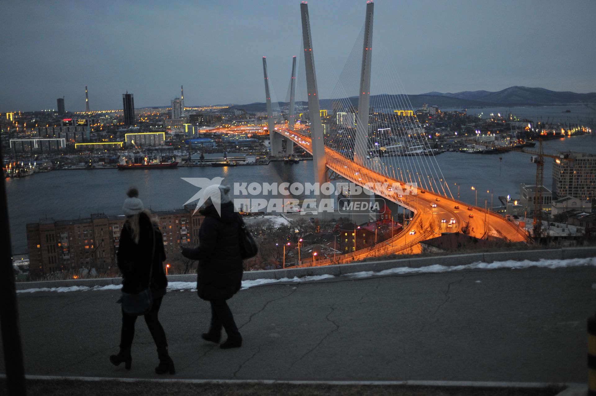 Владивосток.  Вид на Вантовый мост через бухту Золотой Рог.