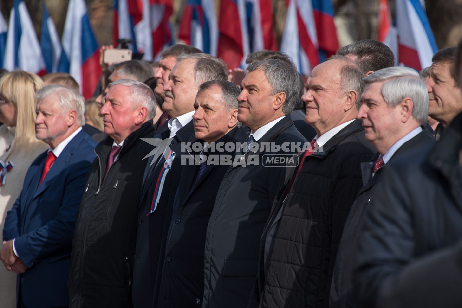 Крым, Симферополь.   Руководитель фракции партии `Справедливая Россия`Сергей Миронов (слева) , спикер Госдумы РФ Вячеслав Володин (третий справа),лидер  КПРФ Геннадий Зюганов (второй справа) , первый вице-спикер Госдумы РФ Иван Мельников (слева) во время мероприятий посвященных 5-й годовщине Общекрымского референдума 2014 года и воссоединения Крыма с Россией.