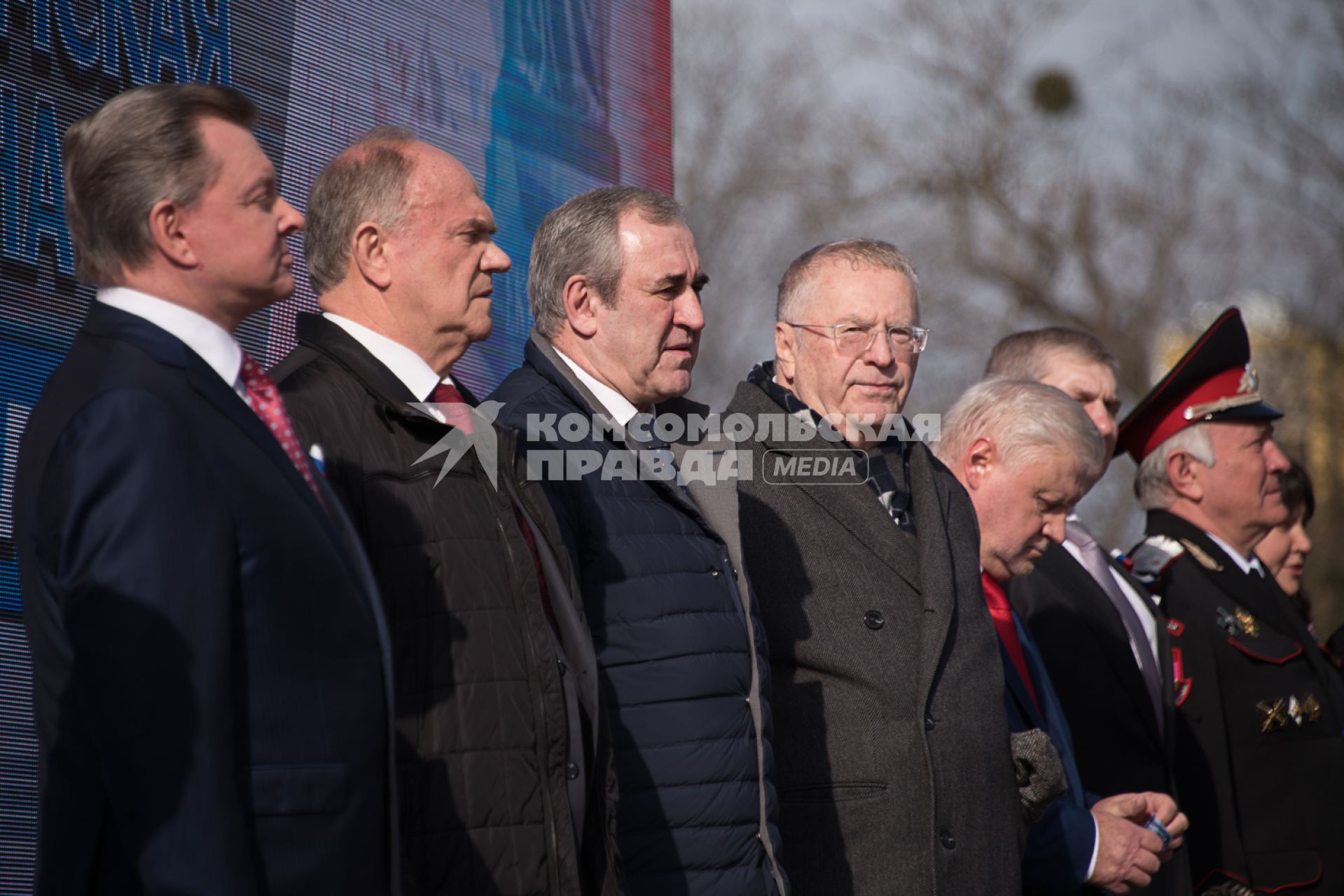 Крым, Симферополь.  Полномочный представитель президента РФ в Северо-Кавказском федеральном округе Олег Белавенцев,лидер  КПРФ Геннадий Зюганов, руководитель фракции `Единая Россия`в Госдуме РФ Сергей Неверов, Руководитель партии ЛДПР Владимир Жириновский, руководитель фракции партии `Справедливая Россия`Сергей Миронов (слева направо)  во время мероприятий посвященных 5-й годовщине Общекрымского референдума 2014 года и воссоединения Крыма с Россией.