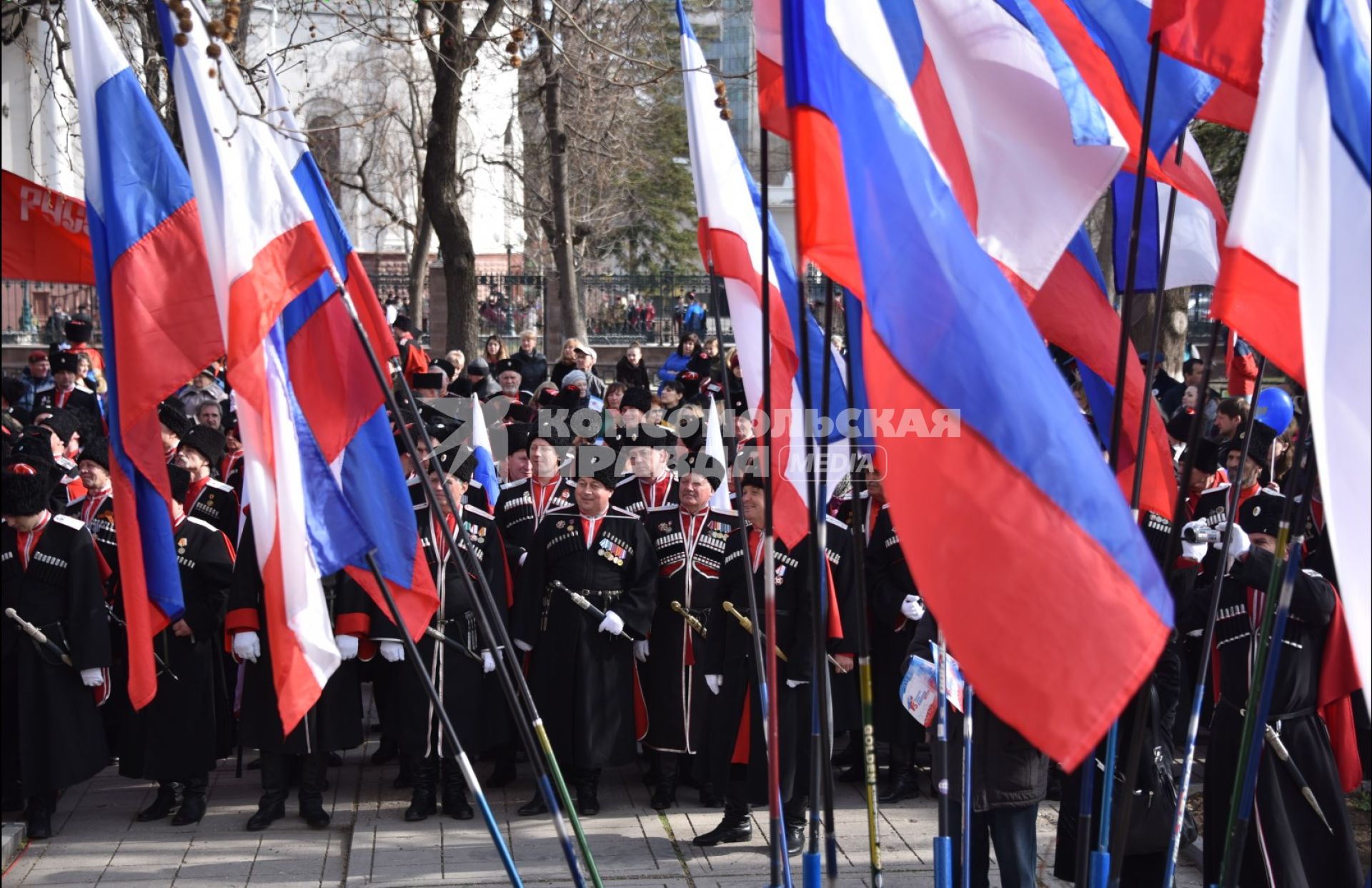 Крым, Симферополь.  Казаки во время мероприятий посвященных 5-й годовщине Общекрымского референдума 2014 года и воссоединения Крыма с Россией.