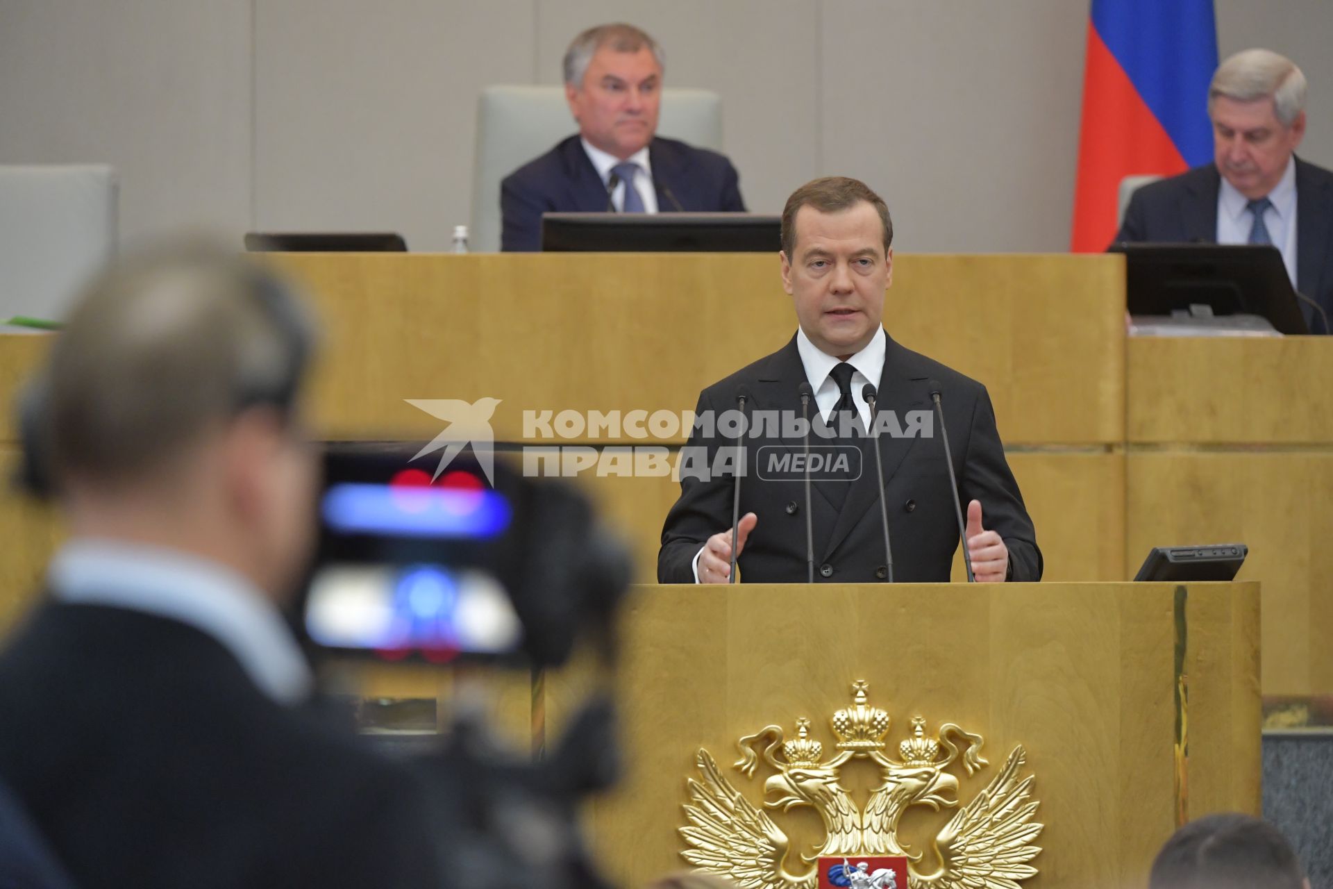 Москва.   Премьер-министр РФ Дмитрий Медведев во время выступления с отчетом о деятельности правительства за 2018 год на пленарном заседании Государственной думы.