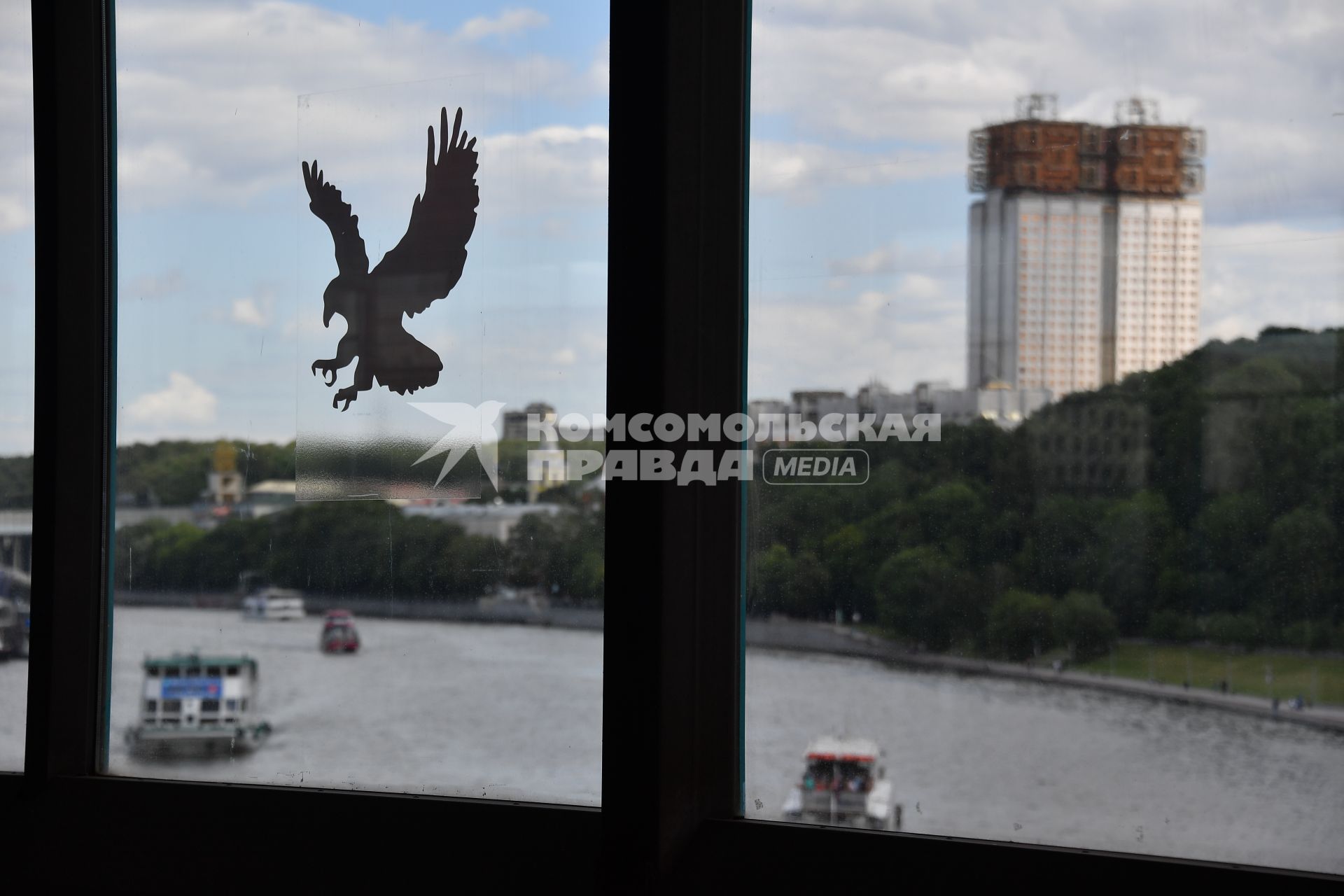 Москва. Наклейки в виде орлов на стеклах вестибюля  станции метро для отпугивания птиц, которые не замечают прозрачные стекла и разбиваются о них.