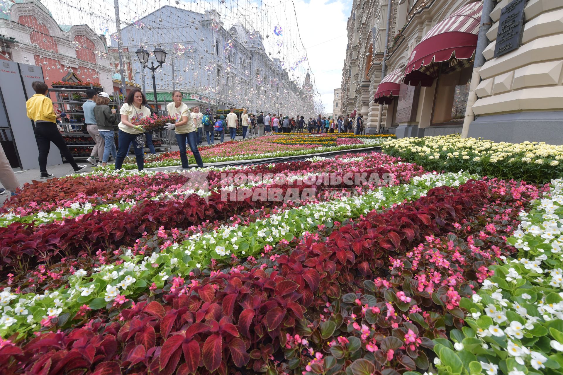 Москва. Подготовка к ежегодному фестивалю цветов в ГУМе.