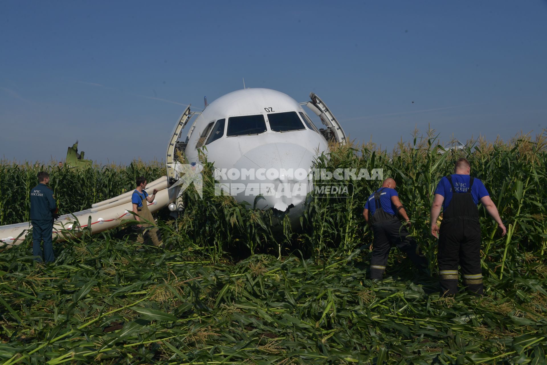 Московская область.  Самолет Airbus A321 авиакомпании `Уральские авиалинии`, который совершил аварийную посадку в районе аэропорта Жуковский после возгорания двигателя при взлете.