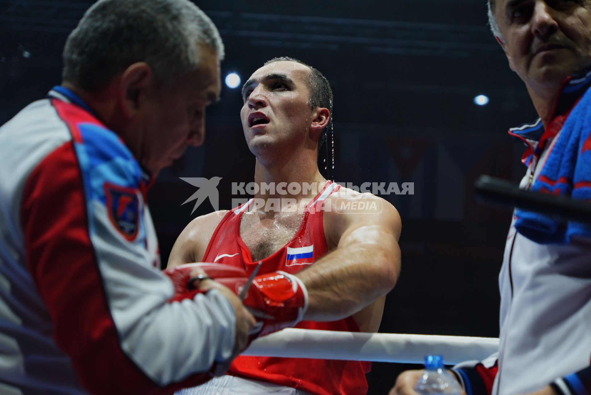 Екатеринбург. Чемпионат мира по боксу среди любителей AIBA-2019. Бой за звание мемпиона мира в весовой категории до 91 кг. Российский боксер Муслим Гаджимагомедов (в красном) и Эквадорский боксер Хулио Сезара Кастильо Торреса (в синем)