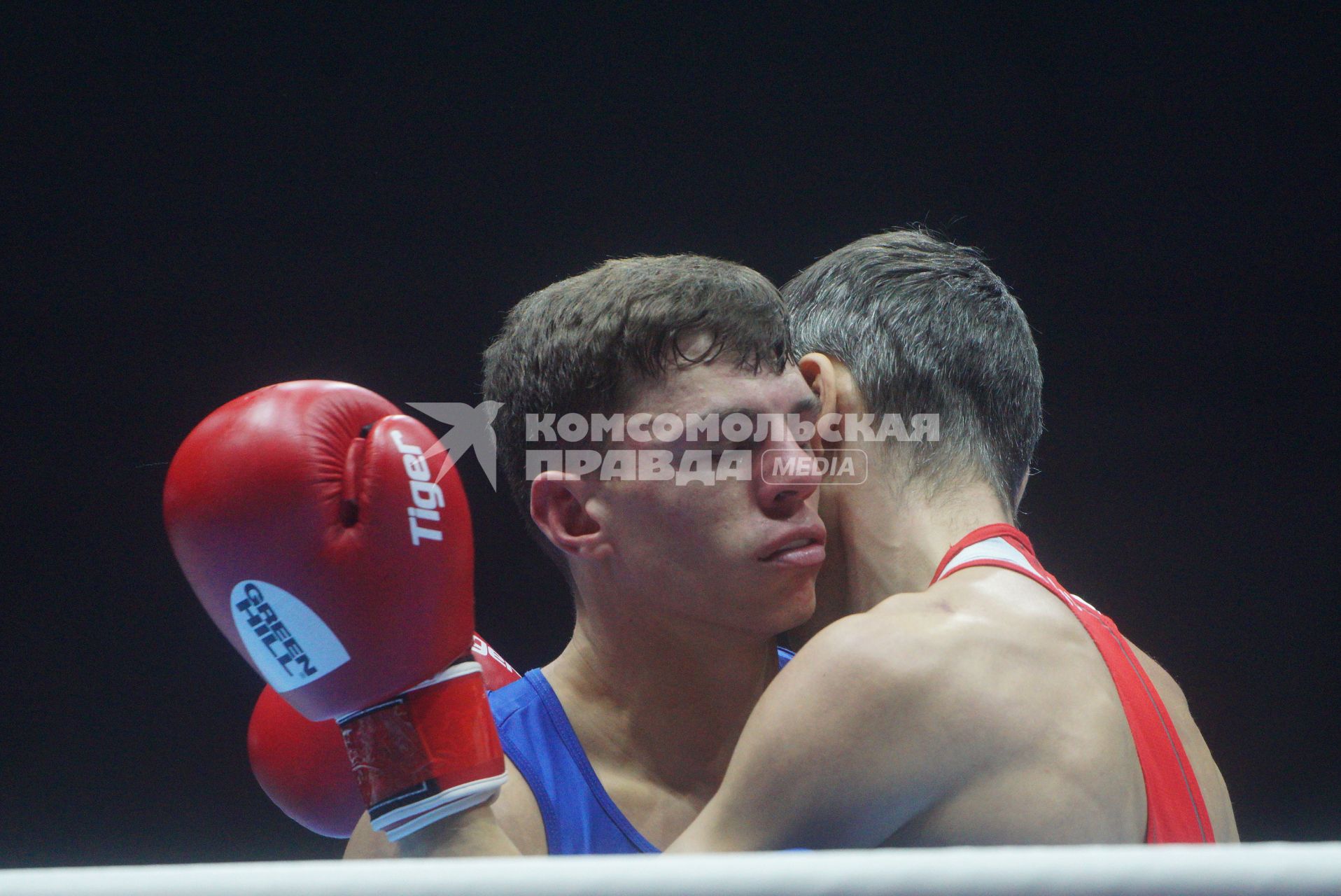 Екатеринбург. Чемпионат мира по боксу среди любителей AIBA-2019. Бой за звание мемпиона мира в весовой категории до 69кг. Роосийский боксер Андрей Замковой (в красном) и Английский боксер Пэт Маккормак