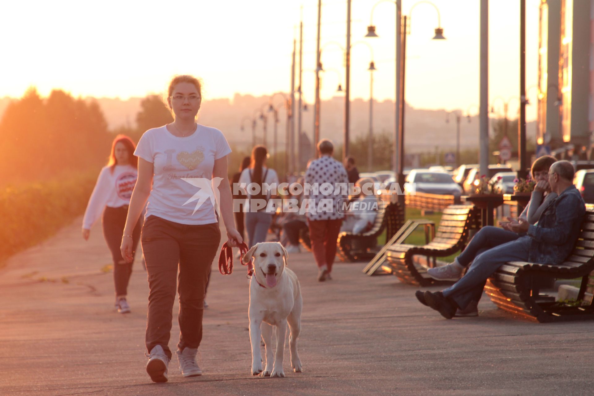 Иркутск.    Девушка с собакой породы лабрадор во  время прогулки.